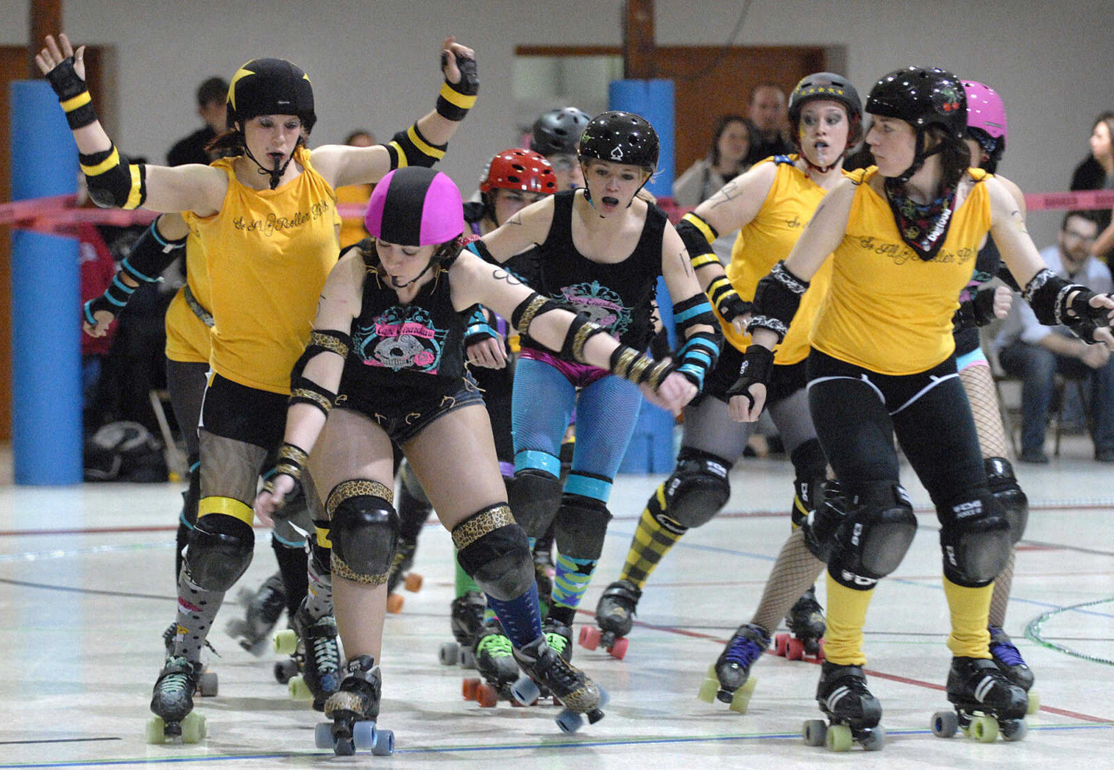 LAURA SIMON~lsimon@semissourian.com
The Cape Girardeau Roller Girls take on the Southern Illinois Roller Girls Saturday, February 26, 2011 during  Riot at the CG Corral at the A.C. Brase Arena Building in Cape Girardeau. A portion of the event proceeds go to benefit Safe Harbor Animal Shelter. The CGRG bout will be March 12, 2011 against the Circle City Crashers at the Arena Building.