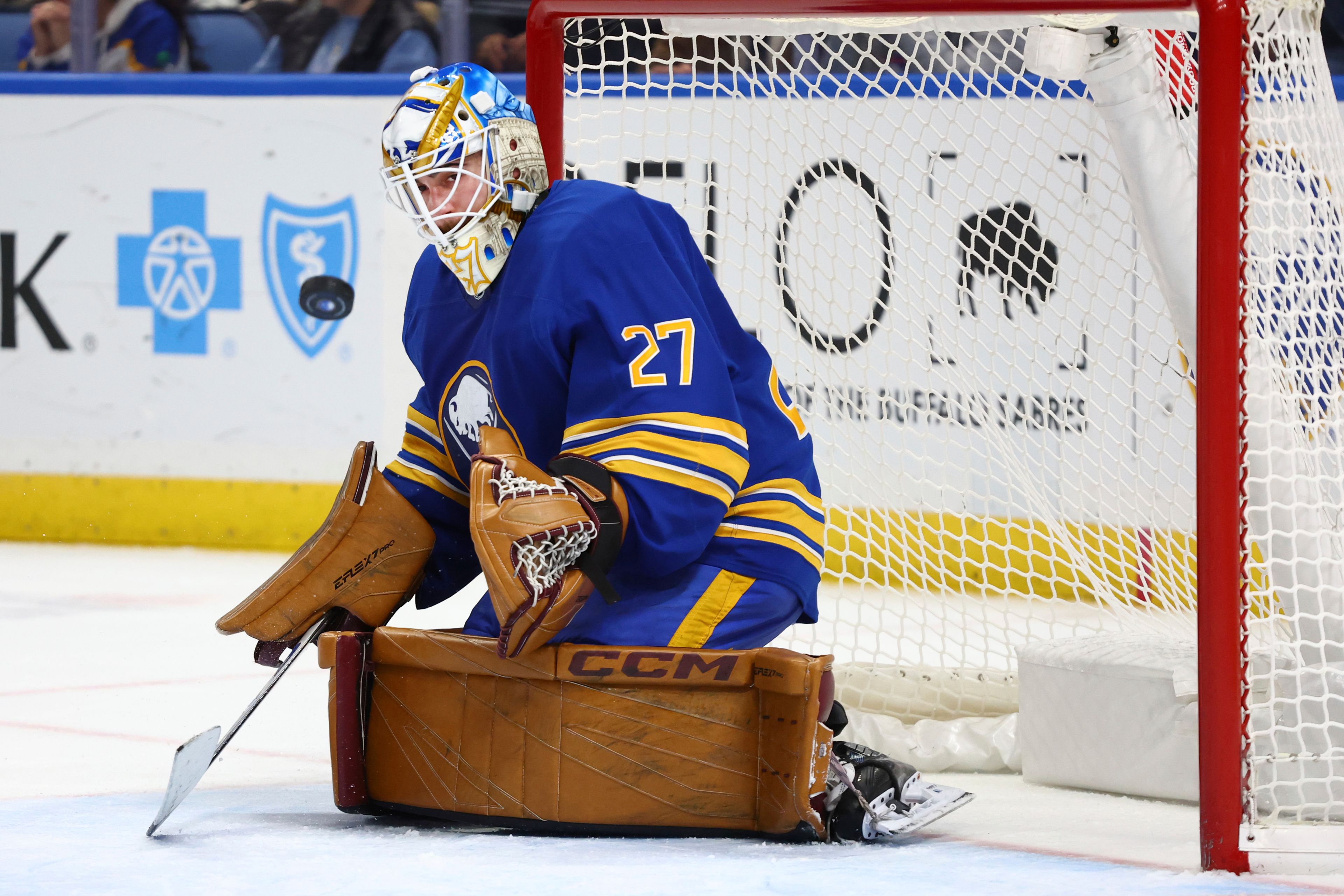 Buffalo Sabres goaltender Devon Levi makes a save during the second period of an NHL hockey game against the St. Louis Blues, Thursday, Nov. 14, 2024, in Buffalo, N.Y. (AP Photo/Jeffrey T. Barnes)