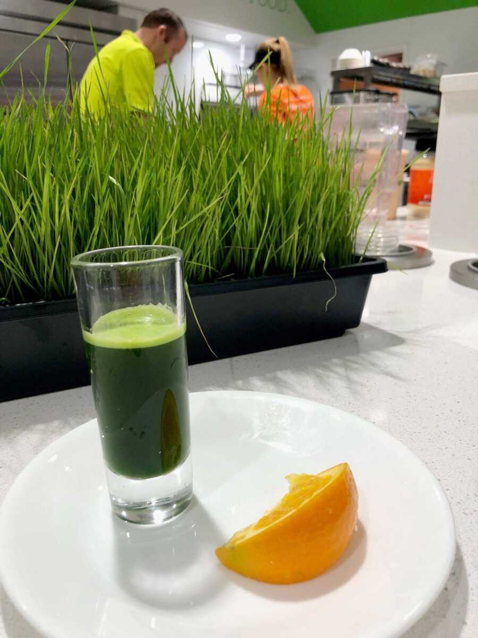 Wheatgrass shot at Fresh Healthy Cafe.