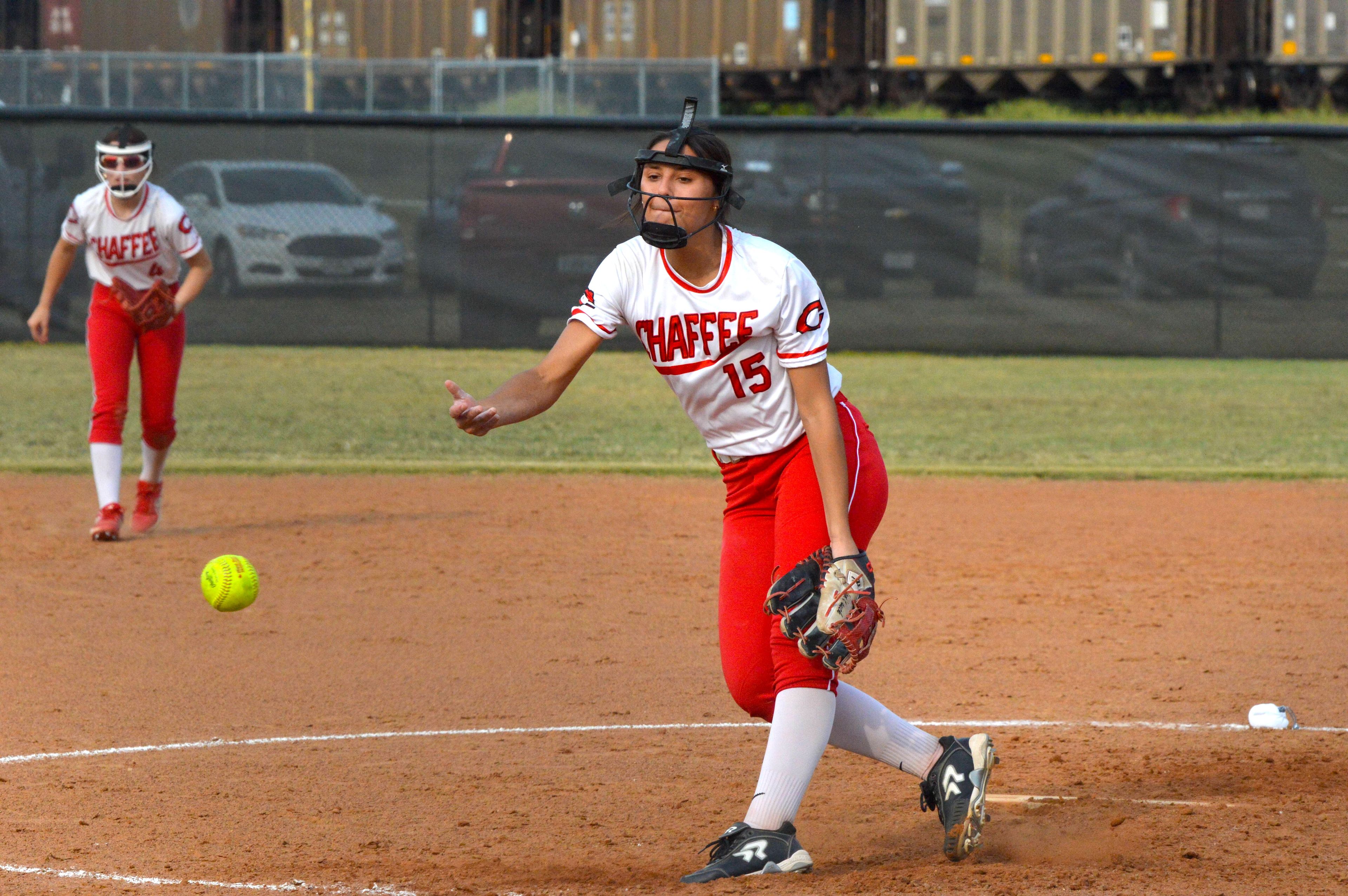 Chaffee senior and starting pitcher Reese Van Pelt goes through her wind up against Jefferson on Wednesday, Sept. 11. Van Pelt struck out five batters and allowed just one run on one hit through 5.0 innings pitched in the game.