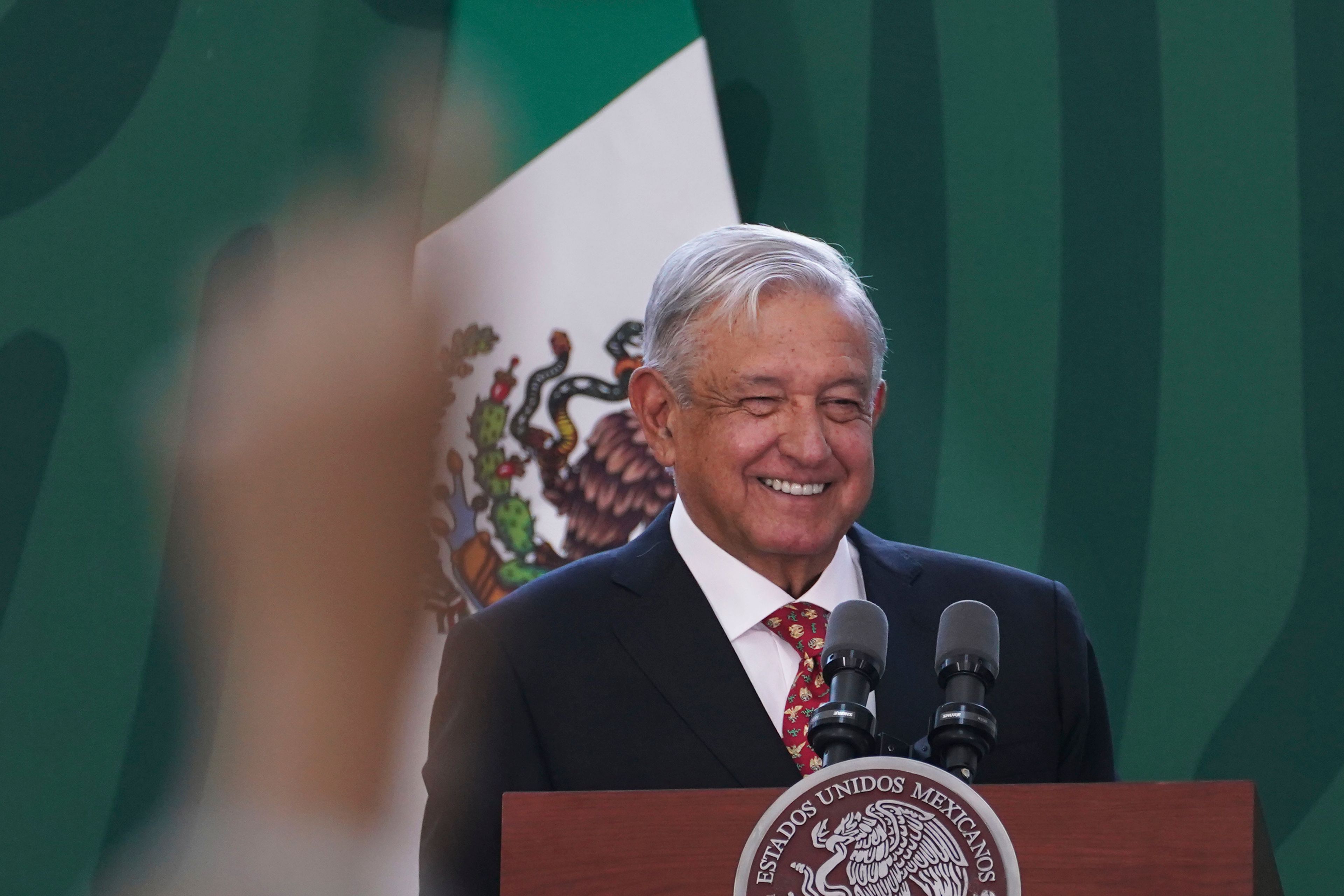 FILE - Mexican President Andres Manuel Lopez Obrador speaks during his daily morning press conference before officially inaugurating the Felipe Angeles International Airport (AIFA) north of Mexico City, March 21, 2022. (AP Photo/Marco Ugarte, File)