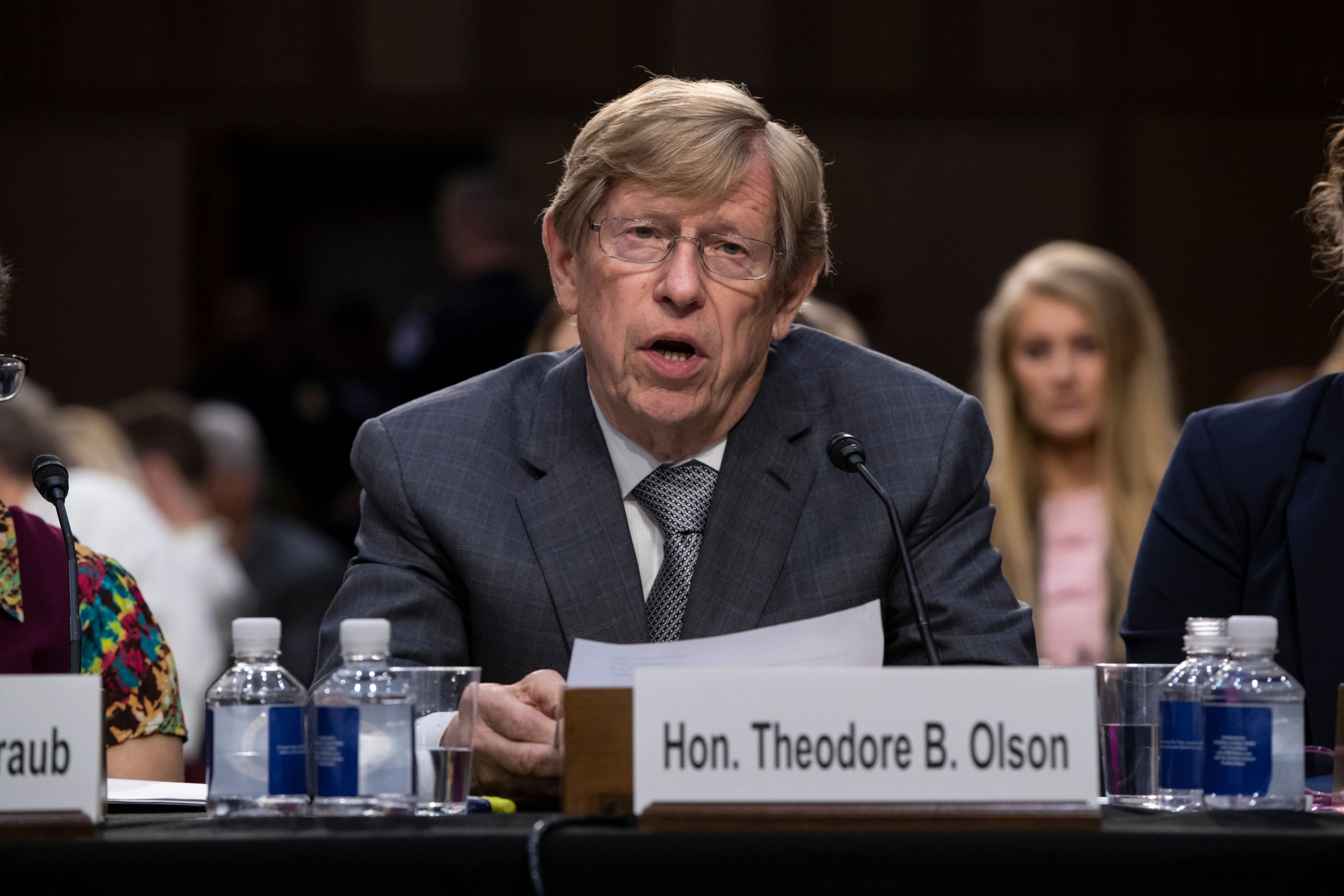 FILE - Former Solicitor General Ted Olson testifies on a panel of experts and character witnesses before the Senate Judiciary Committee on behalf of President Donald Trump's Supreme Court nominee Brett Kavanaugh on the final day of the confirmation hearings, on Capitol Hill in Washington, Sept. 7, 2018. (AP Photo/J. Scott Applewhite, File)