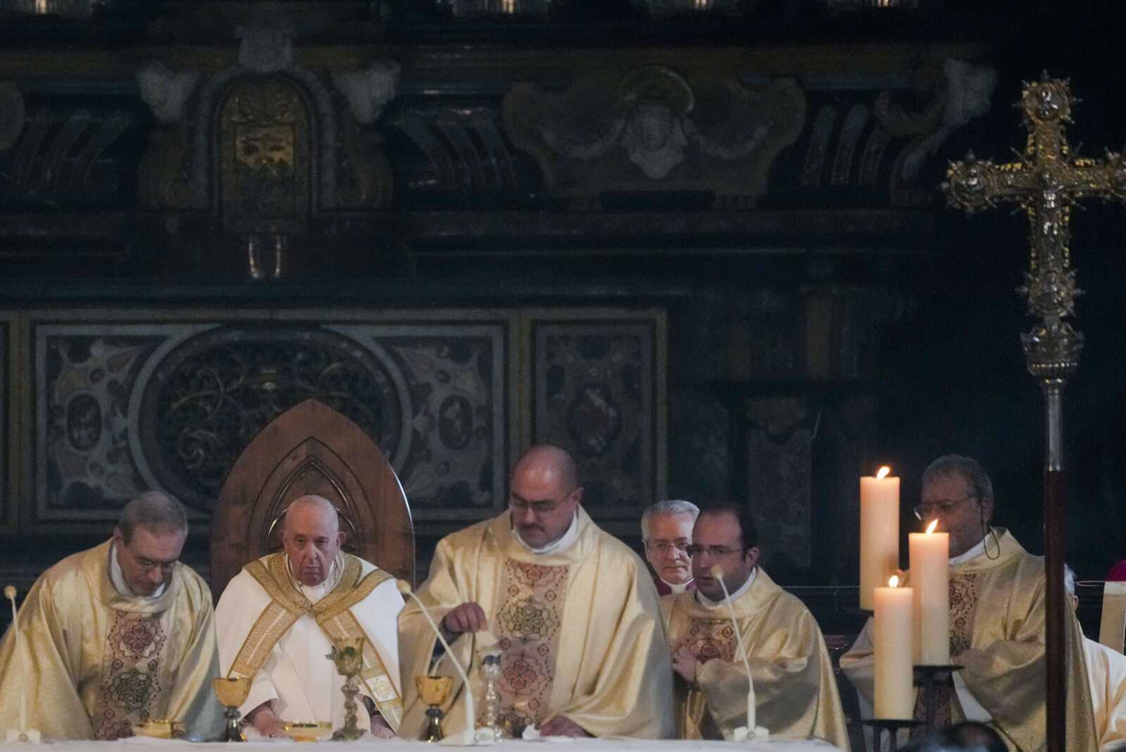 Pope Francis, second from left, presides over the holy Mass in the Cathedral of Asti on Sunday in northern Italy.