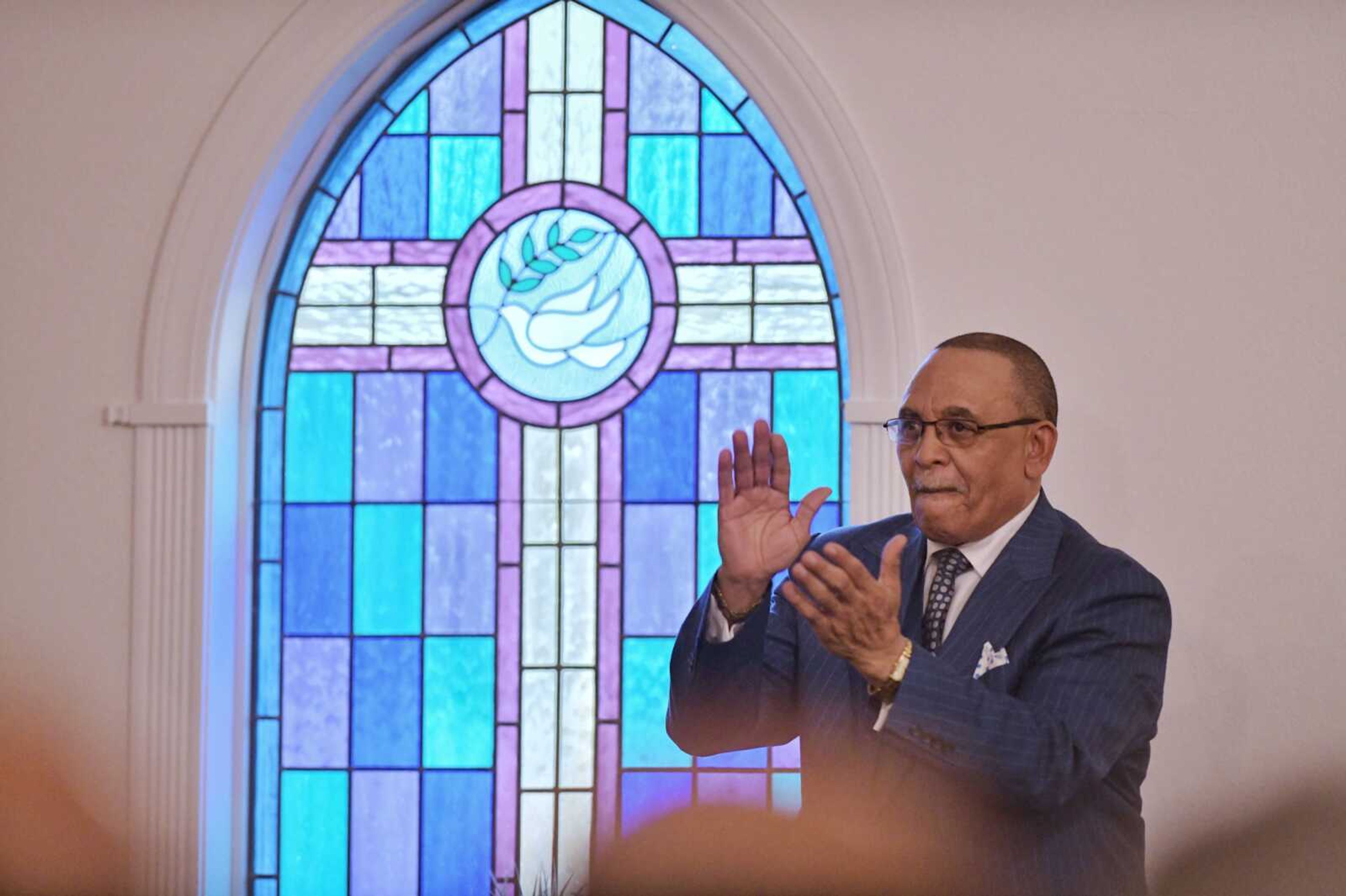 Rev. Cecil Thomas claps his hands during musical worship on Sunday, Feb. 23, 2020, at Second Missionary Baptist Church in Cape Girardeau.