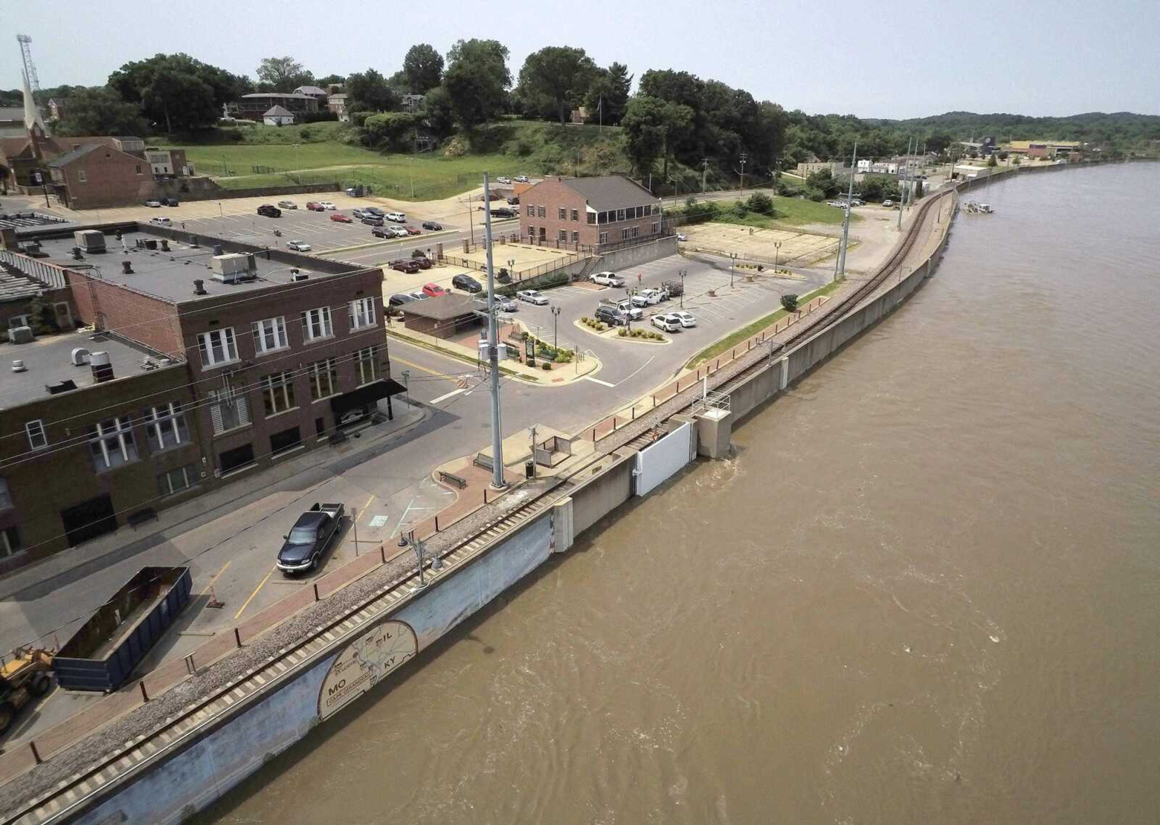 The Mississippi River level of 44.35 feet is seen in this drone view June 3 in downtown Cape Girardeau. Flood stage is 32 feet.