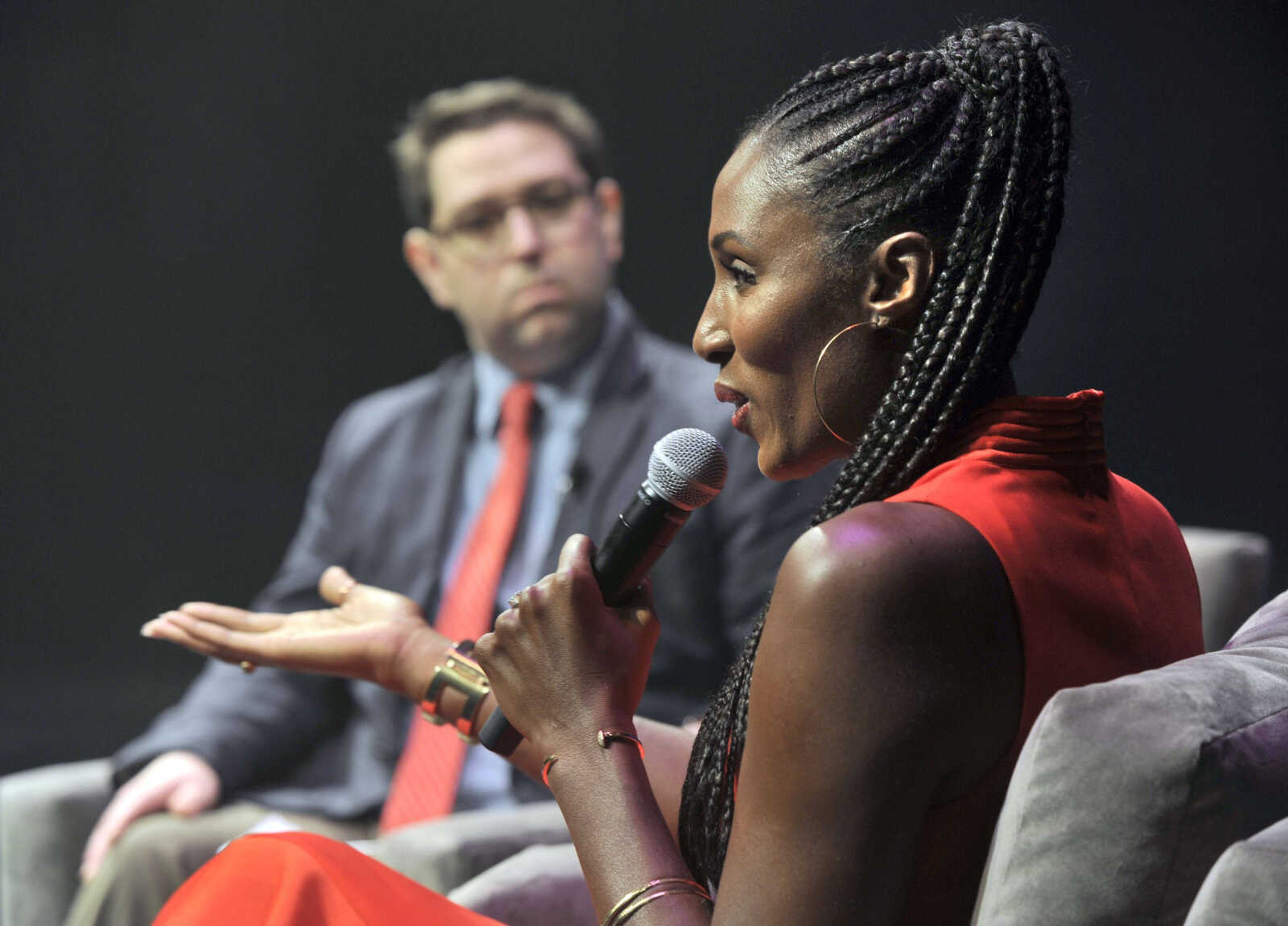 FRED LYNCH ~ flynch@semissourian.com
Lisa Leslie speaks during a question-and-answer session with Lucas Presson at the Semoball Awards Saturday, July 14, 2018 at the River Campus in Cape Girardeau.