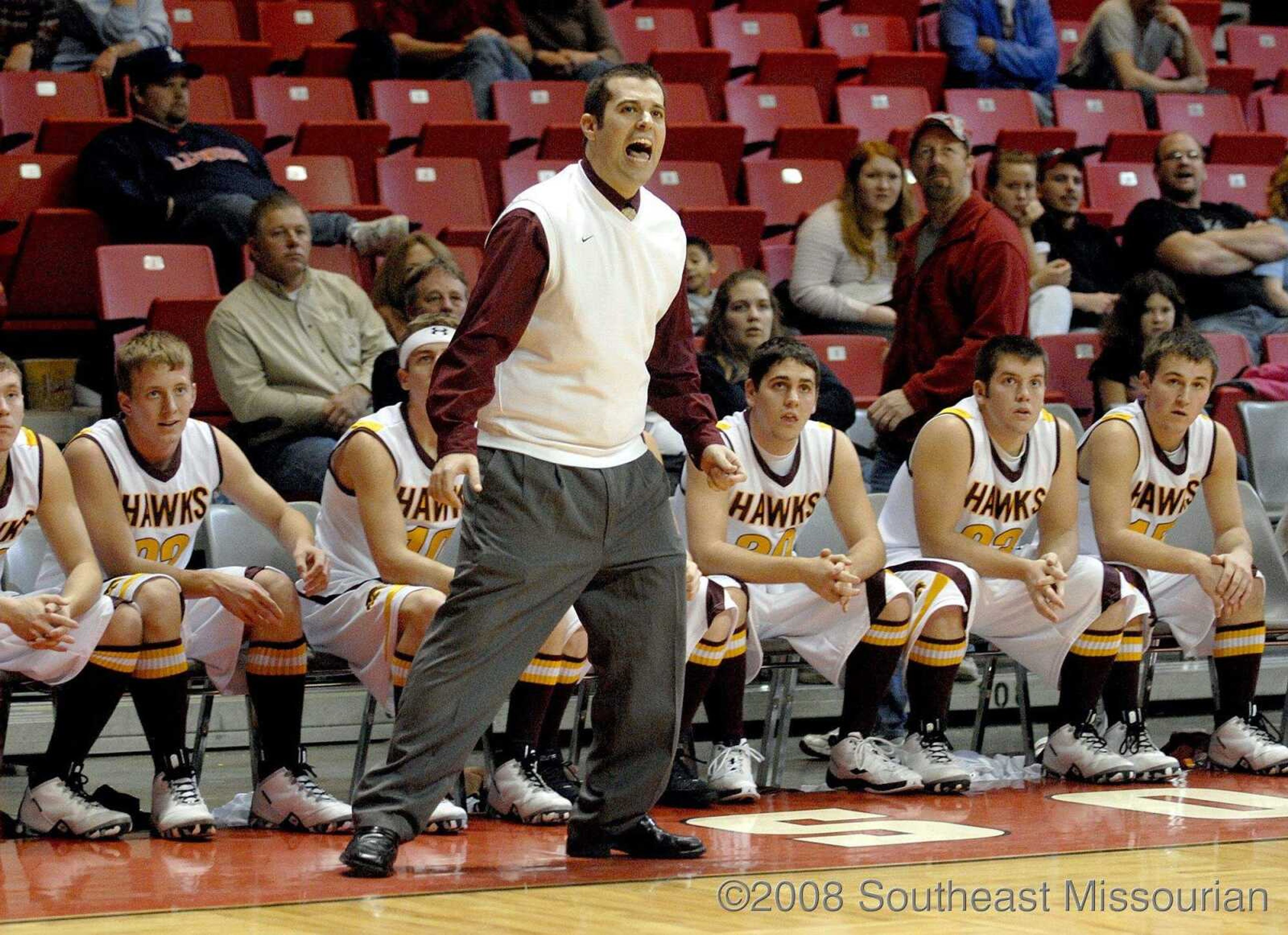 ELIZABETH DODD ~ edodd@semissourian.com
Kelly's Head Coach Nathan Wills expresses his thoughts during the second half against Meadow Heights.