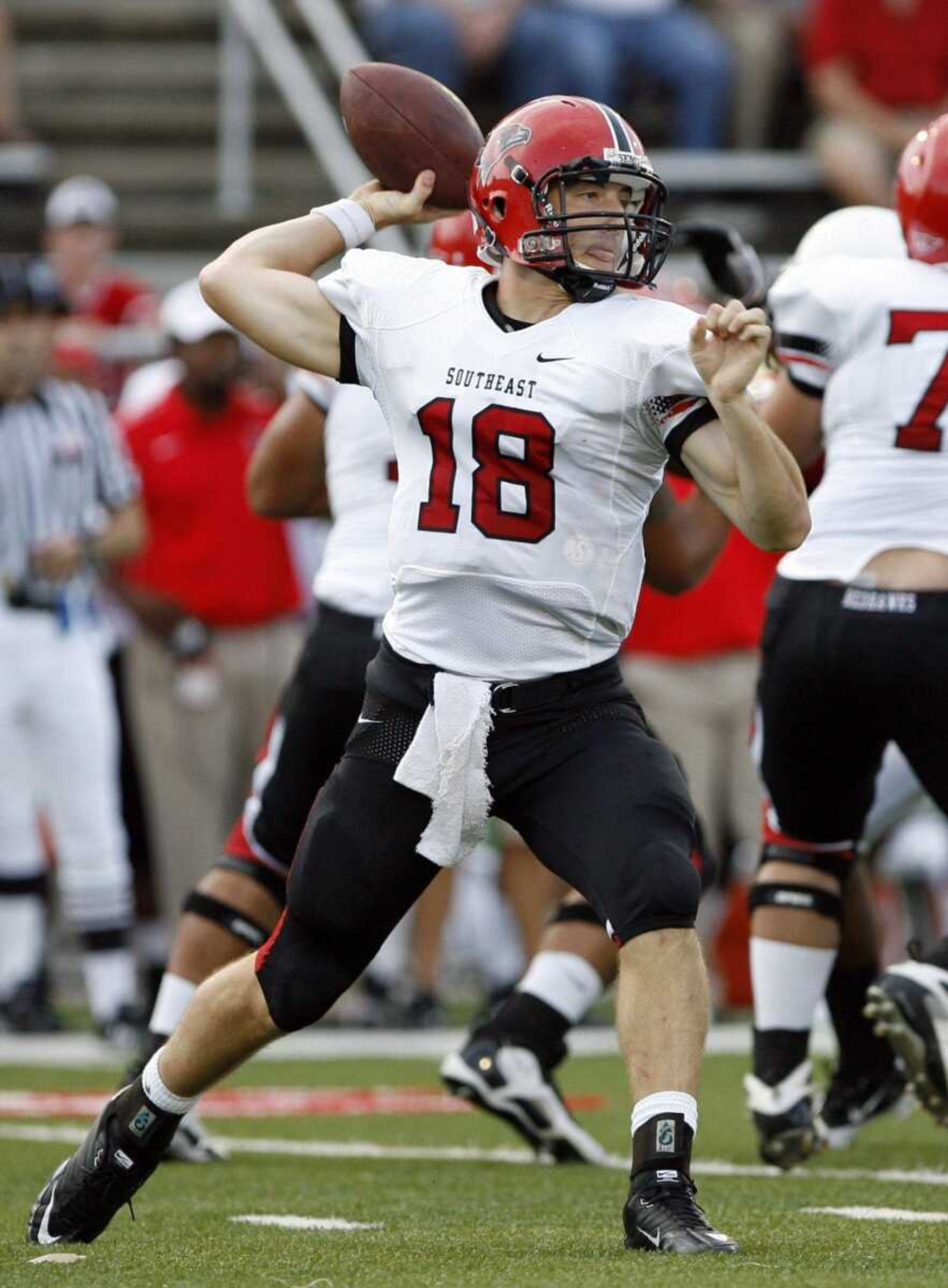 Southeast quarterback Matt Scheible set to pass against Ball State during the Redhawks' season opener in Muncie, Ind. (CHRIS BERGIN ~ The Star Press (Muncie, Ind.))