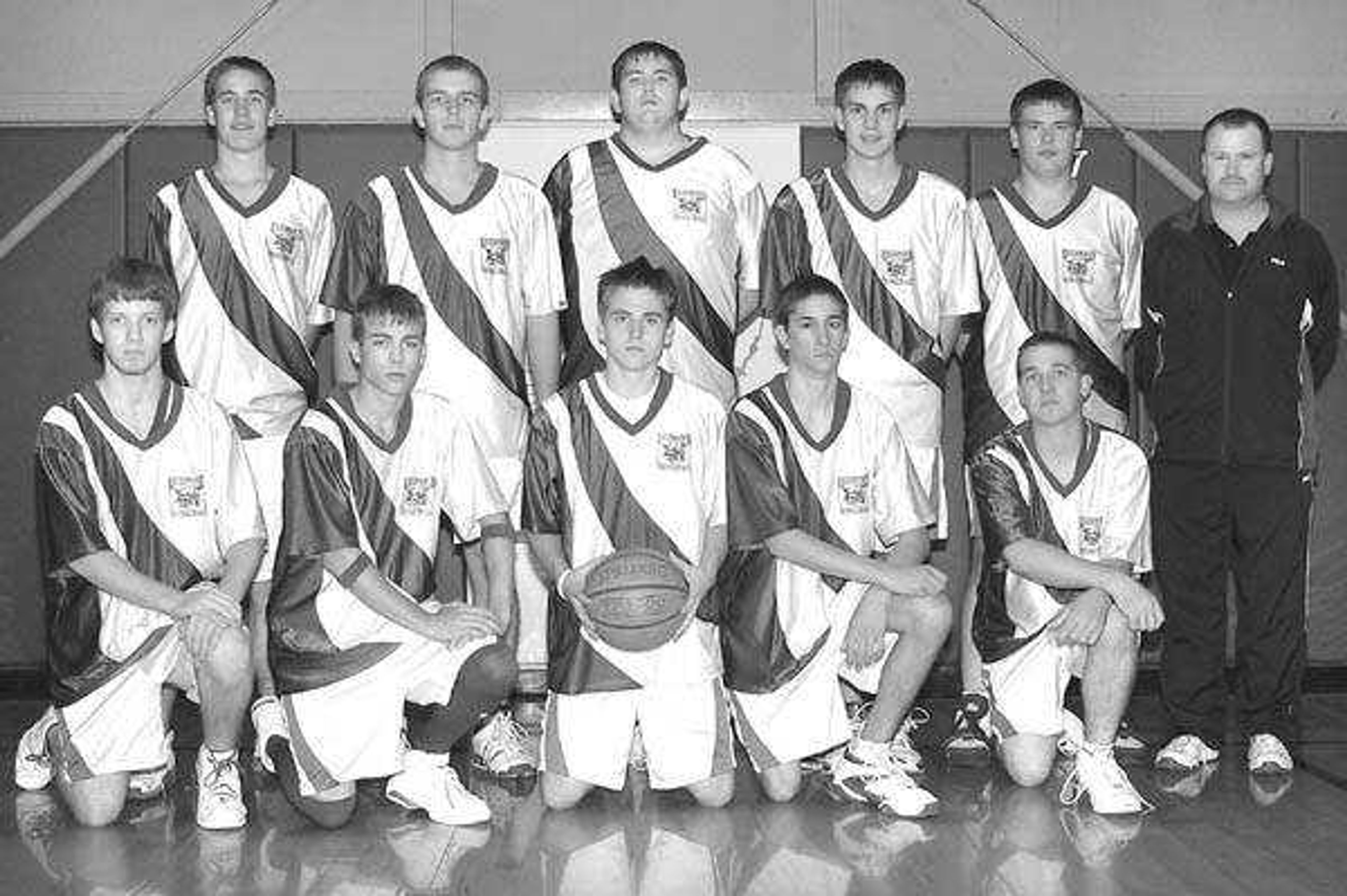 Members of the Leopold basketball team, from left: Front -- Corey Yount, Matt Stoverink, Tyler Clubb, Victor Vandeven, Justin Reed; Back -- David Thiele, Alfred VanGennip, Codey Cook, Eric Seiler, Eric Fluchel and head coach Shawn Dugger.