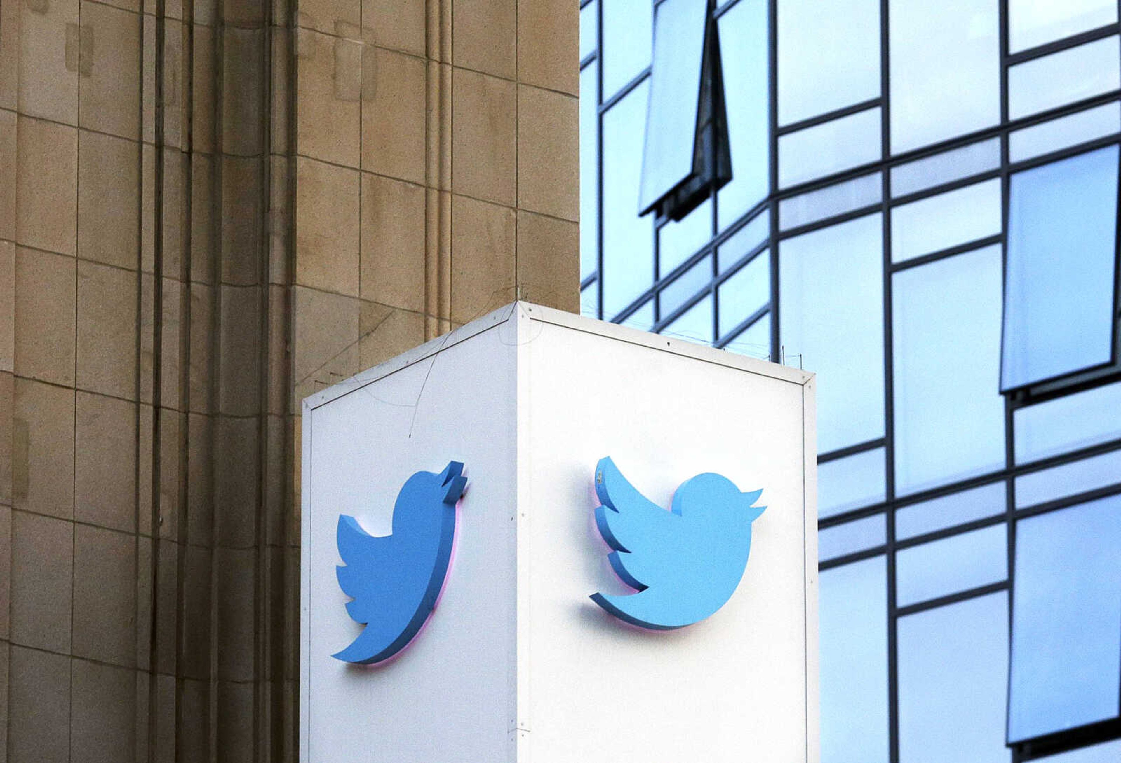 A Twitter sign is seen Oct. 26, 2016, outside of the company's headquarters in San Francisco.