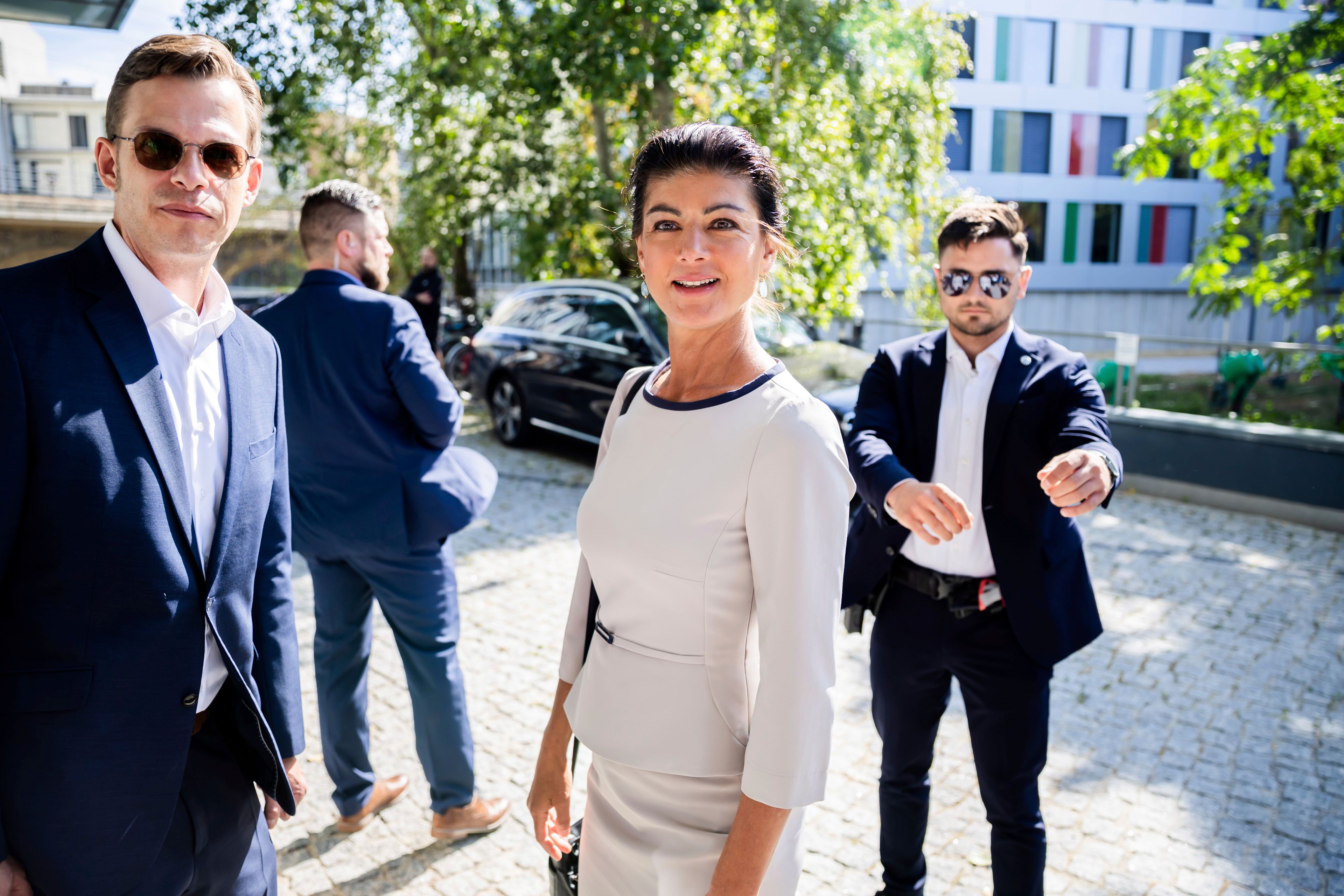 Sahra Wagenknecht, party leader of the Sahra Wagenknecht Alliance (BSW), arrives for a press conference after the state elections in Saxony and Thuringia, in Berlin, Germany, Monday, Sept. 1, 2024. (Christoph Soeder/dpa via AP)