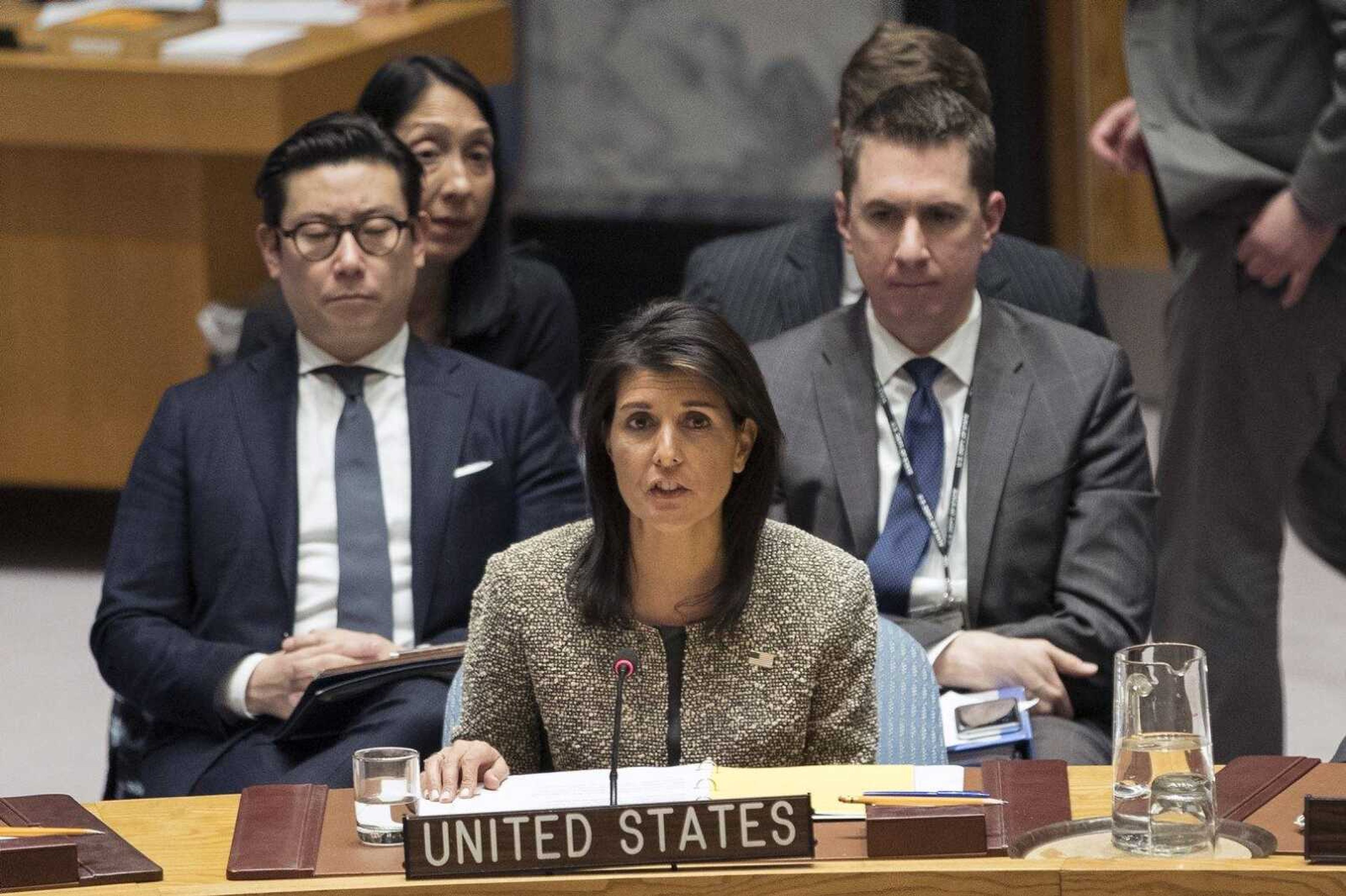 Nikki Haley, U.S. ambassador to the United Nations, speaks during a Security Council meeting on the situation in North Korea on Wednesday at the United Nations headquarters.