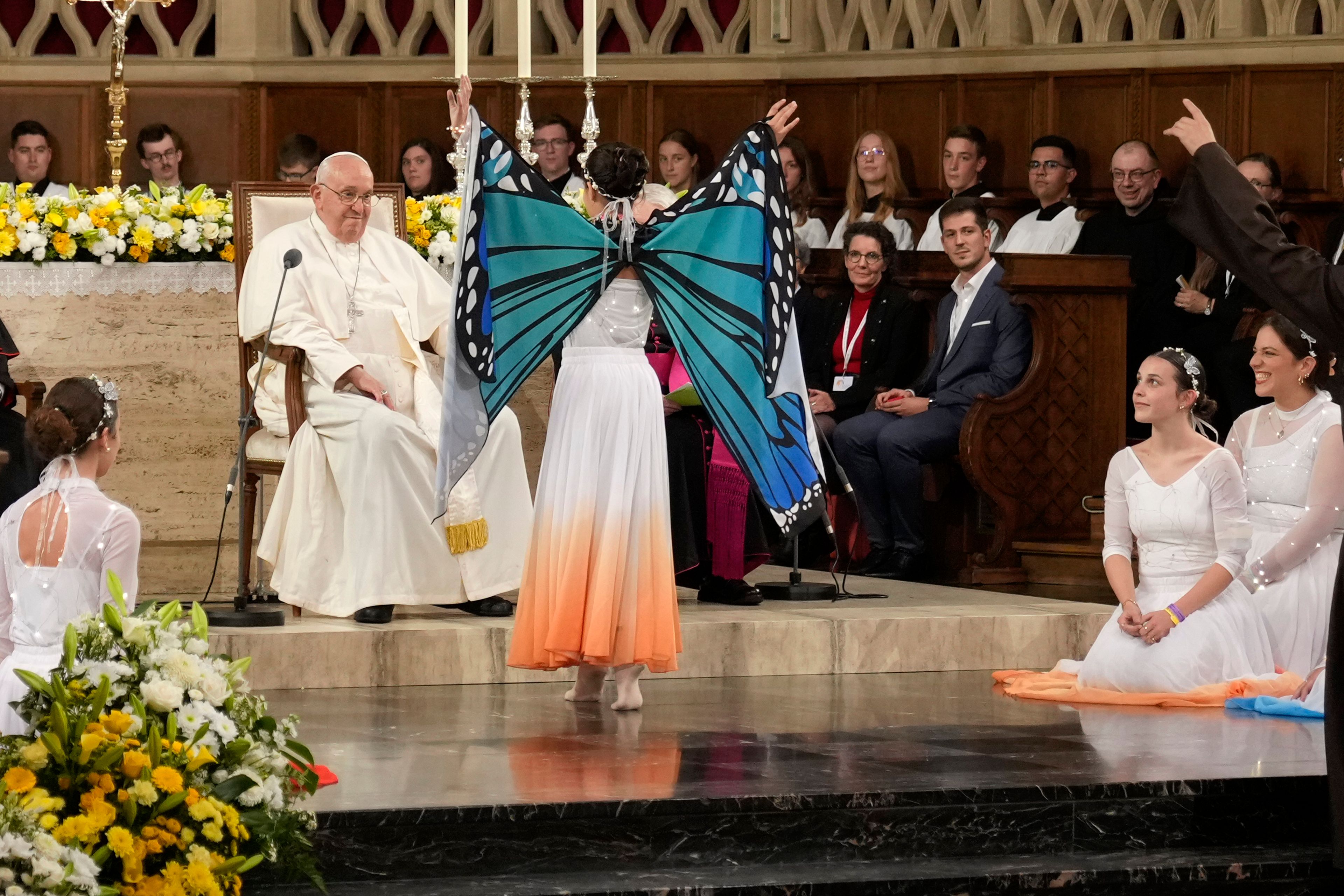 Pope Francis meets the Catholic Community in the Luxembourg's Cathedral of Notre-Dame in Luxembourg, Thursday, Sept. 26, 2024. (AP Photo/Andrew Medichini)