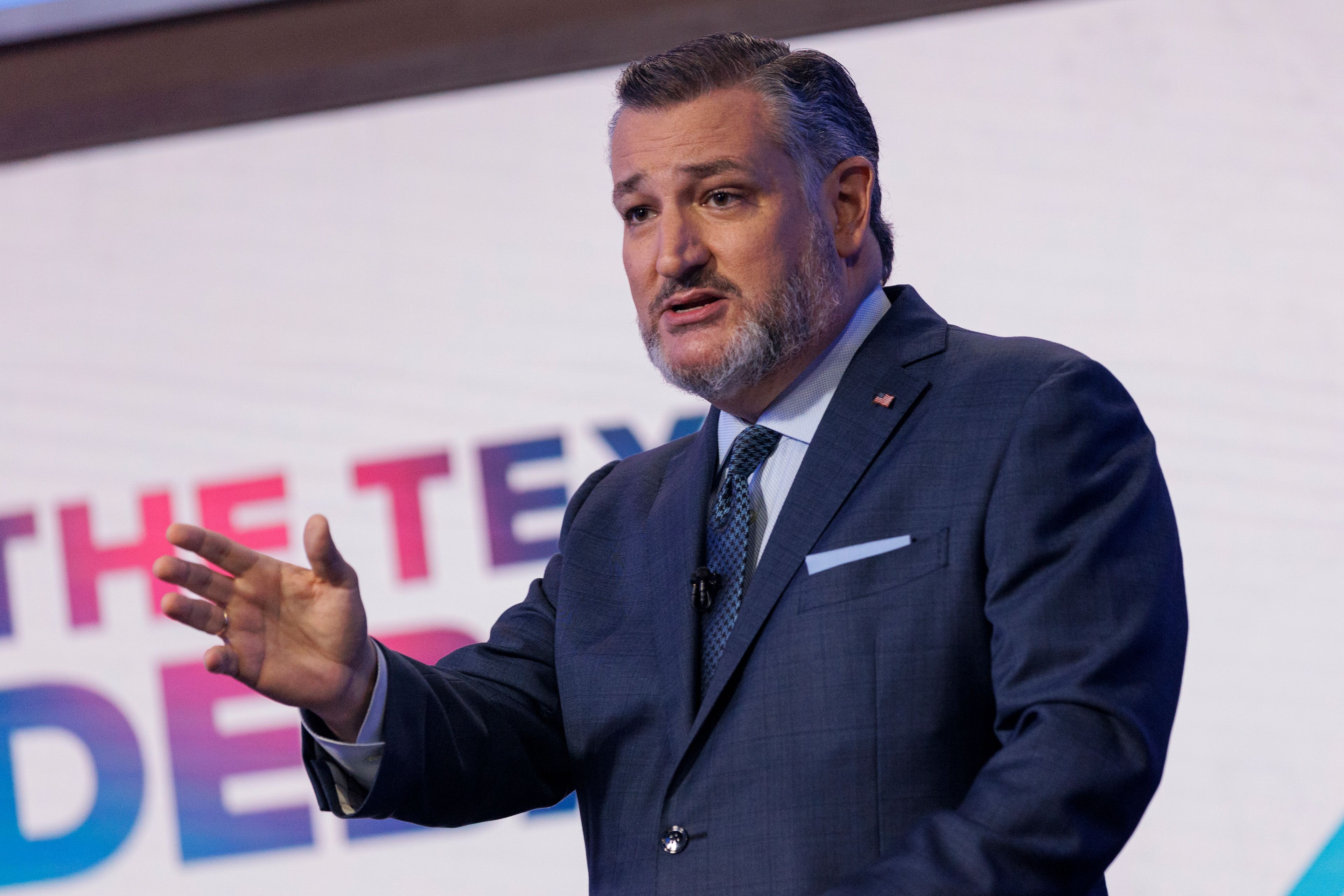 FILE - Sen. Ted Cruz, R-Texas, speaks during a U.S. Senate debate with Rep. Colin Allred, D-Texas, Oct. 15, 2024, in Dallas. (Shelby Tauber/Texas Tribune via AP, Pool, File)