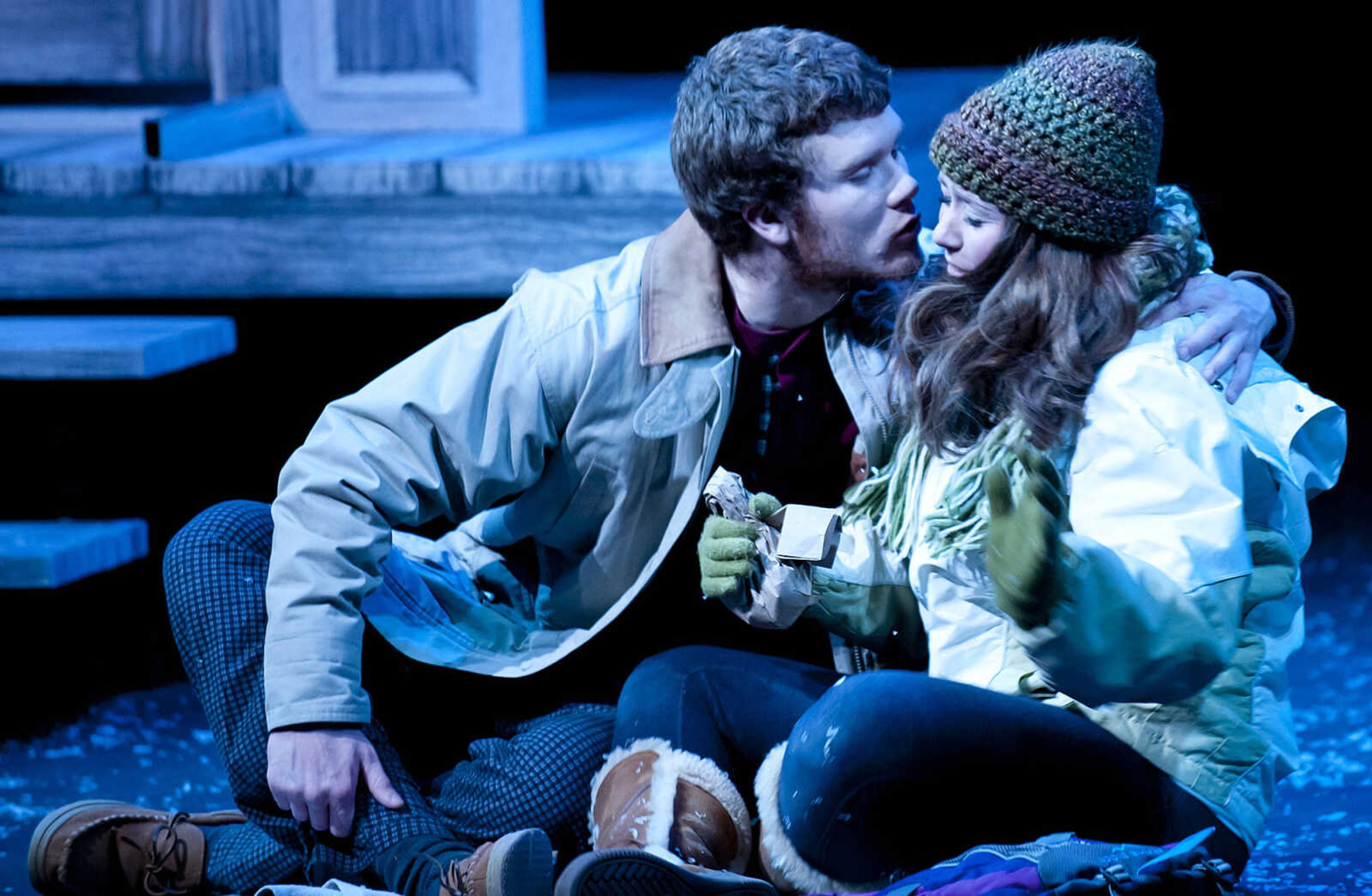 Sean McCumber, left, and Coline Duncan perform as East and Glory during the Southeast Missouri State University Department of Theatre and Dance production of "Almost, Maine," Wednesday, March 26, at the Rust Flexible Theatre. The comedic play by John Cariani consists of several short scenes set at nine p.m. on a Winter Friday night in the fictional northern Maine town of Almost. The production runs through Sunday.