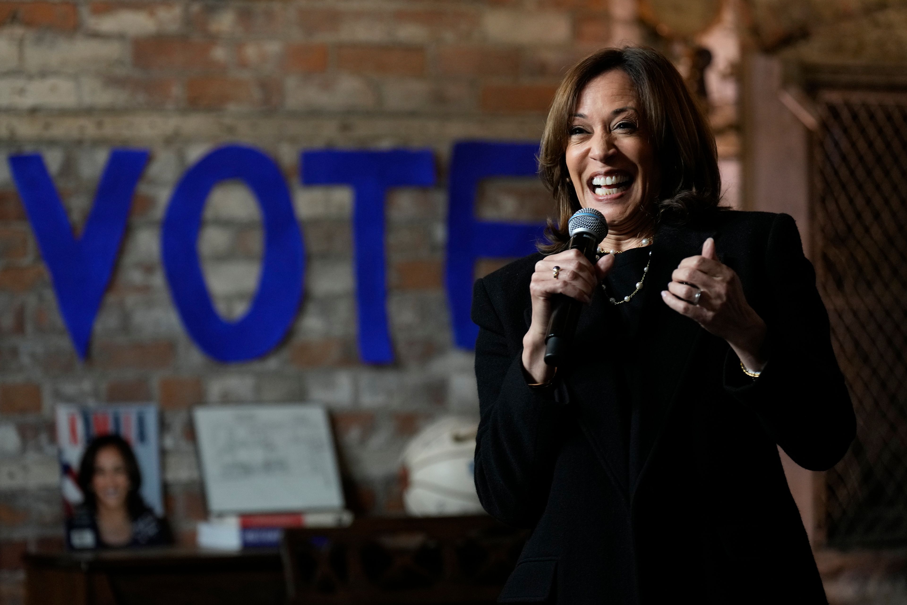 Democratic presidential nominee Vice President Kamala Harris speaks during a stop at Cred Cafe, a local Detroit small business owned by former NBA players Joe and Jamal Crawford, in Detroit, Tuesday, Oct. 15, 2024. (AP Photo/Jacquelyn Martin)