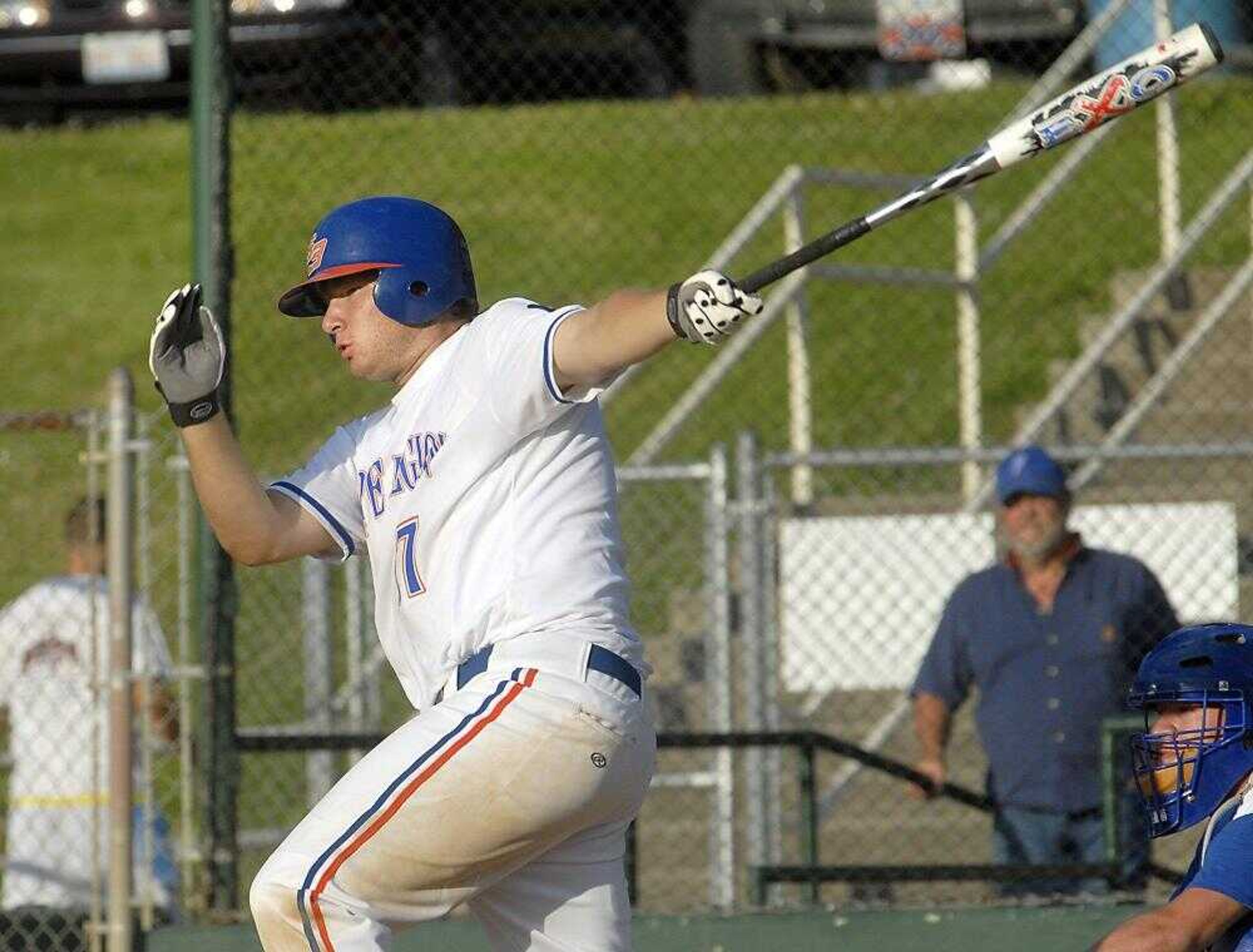 Cape Girardeau American Legion's Kory Kitchen singled during the third inning of the first game of Monday night's doubleheader against Perryville at Capaha Field. Cape won the game 14-5. (Fred Lynch)