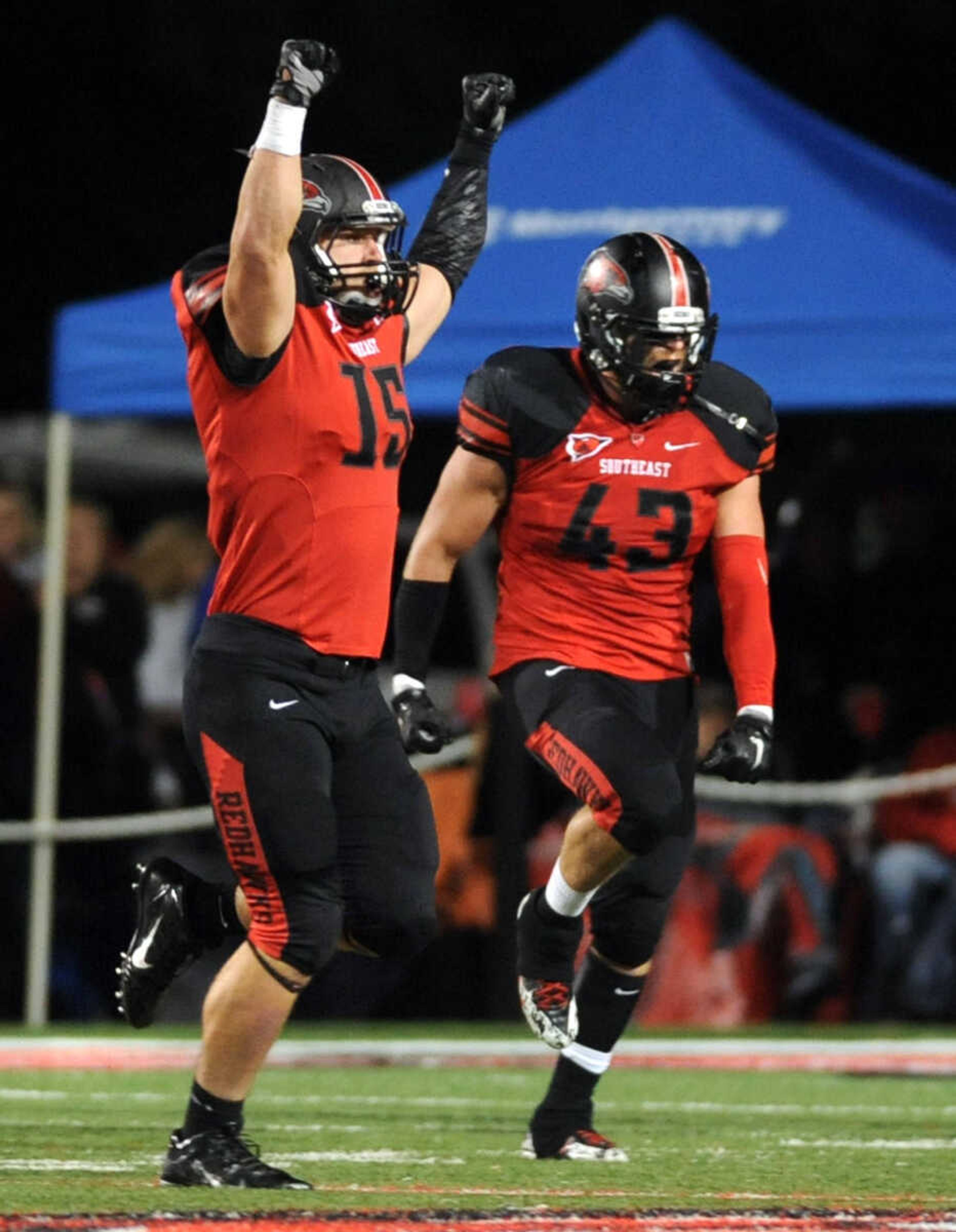 FRED LYNCH ~ flynch@semissourian.com
Southeast Missouri State's Brad Ivey, left, and Roper Garrett celebrate a missed field goal by Murray State during the third quarter Saturday, Oct. 3, 2015 at Houck Stadium.