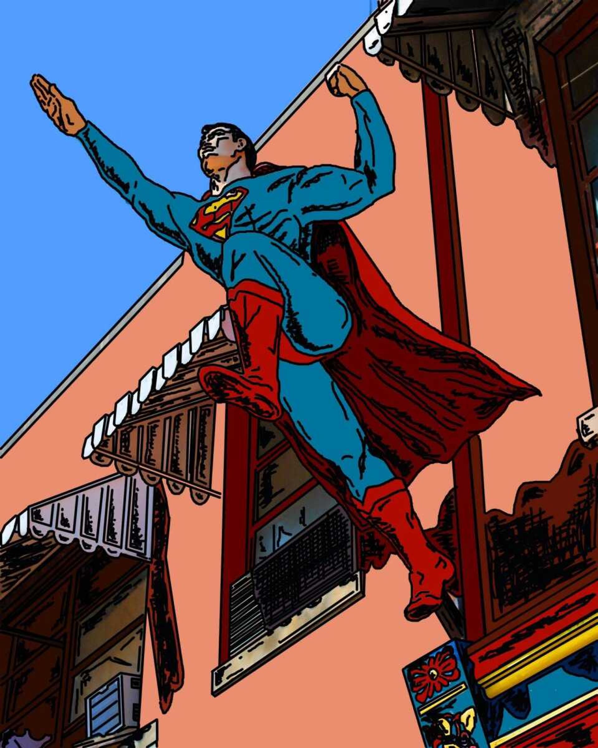 One of the statues above the Superman museum in Metropolis, Ill.