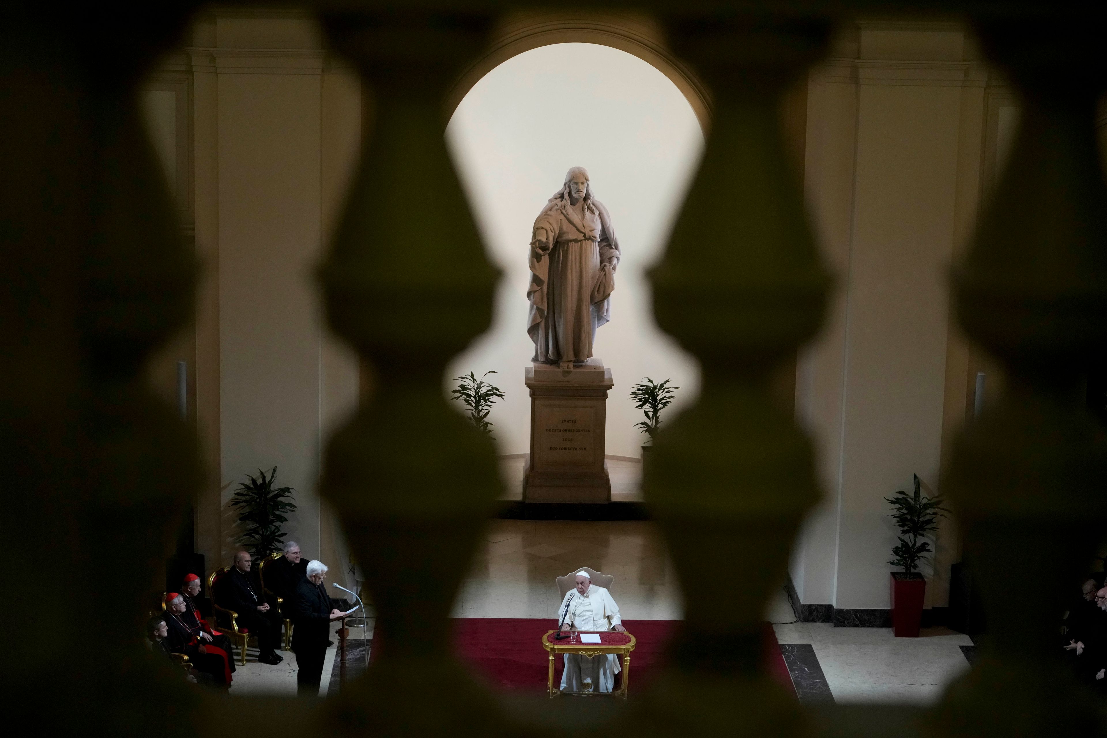 Pope Francis attends a meeting with the Academic community at the Pontifical Gregoriana University in Rome, Tuesday, Nov. 5, 2024. (AP Photo/Alessandra Tarantino)