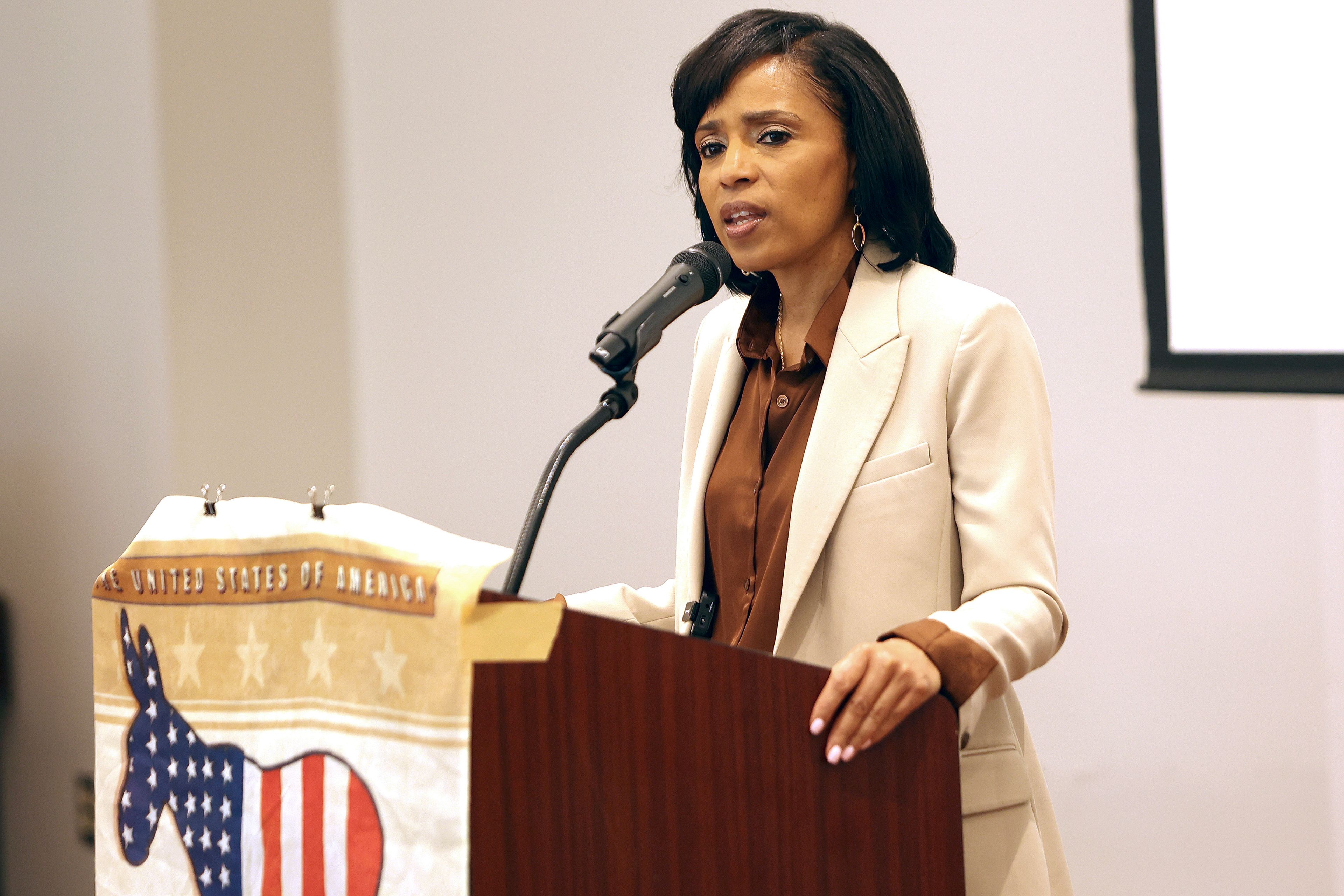 Prince George's County Executive Angela Alsobrooks speaks during an event at Rosborough Center, Friday, Sept. 20, 2024 in Gaithersburg, Md. (AP Photo/Daniel Kucin Jr.)