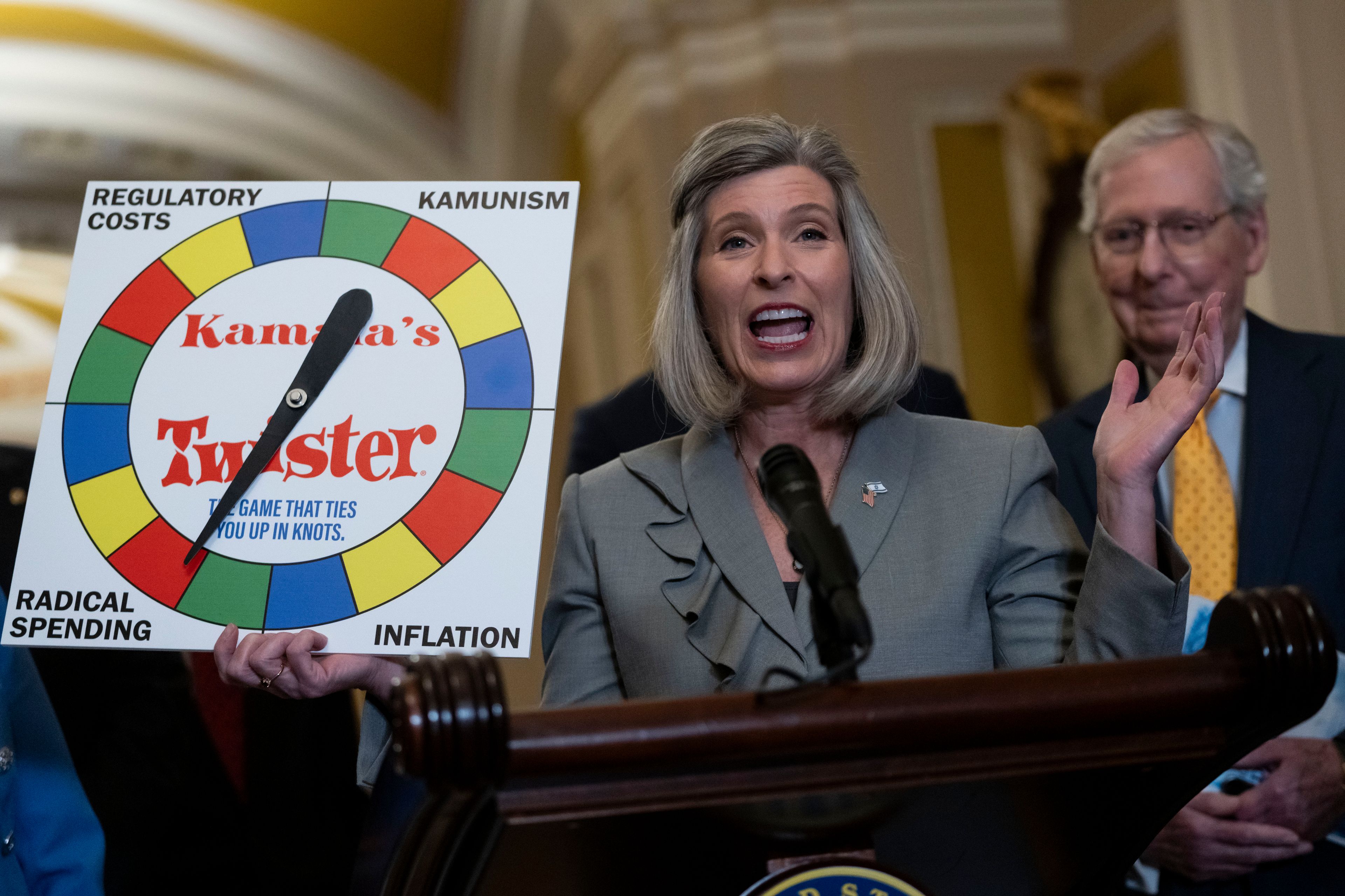 Sen. Joni Ernst, R-Iowa, speaks to the media following the Senate Republican policy luncheon at Capitol Hill in Washington, Tuesday, Sept. 17, 2024. (AP Photo/Ben Curtis)