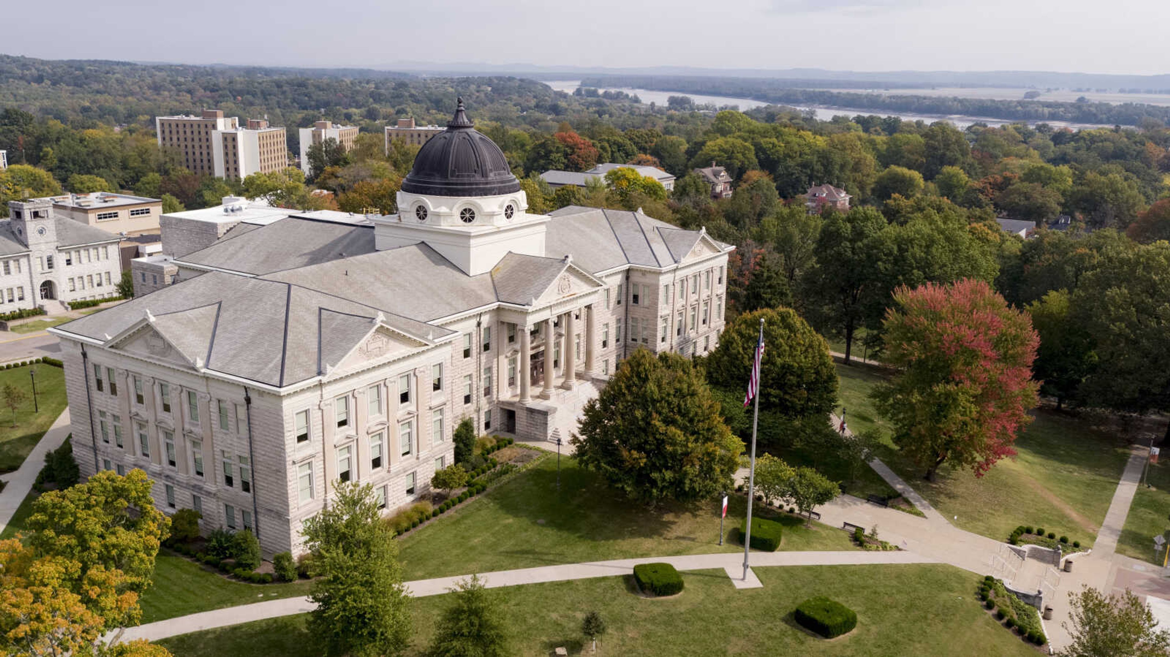 Aerial photo of Academic Hall in the Fall.