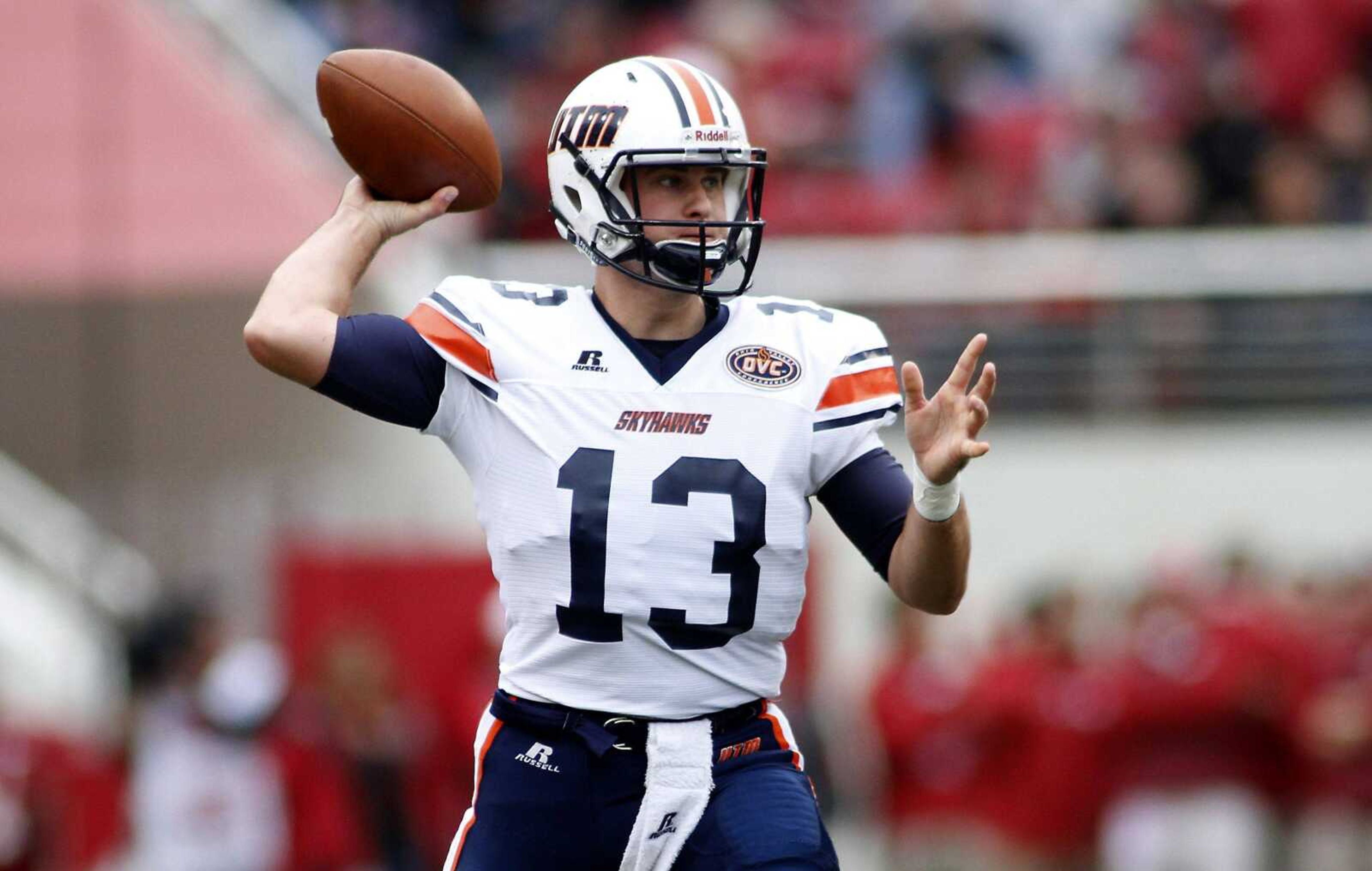 Tennessee-Martin's Jarod Neal (13) passes the ball during the first half of an NCAA college football game against Arkansas, Saturday, Oct. 31, 2015, in Fayetteville, Ark. (AP Photo/Samantha Baker)