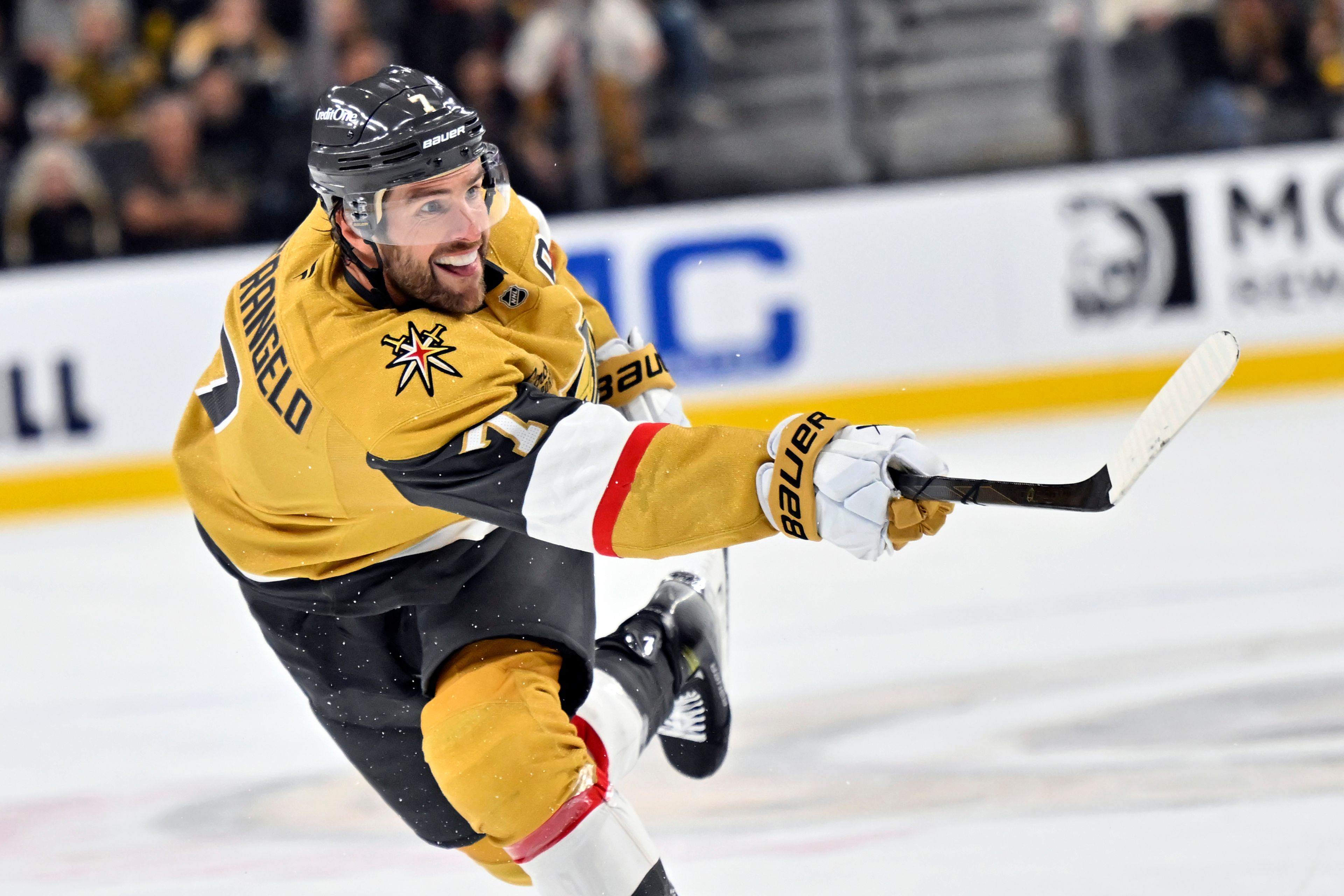 Vegas Golden Knights defenseman Alex Pietrangelo takes a shot against the St. Louis Blues during the second period of an NHL hockey game Friday, Oct. 11, 2024, in Las Vegas. (AP Photo/David Becker)