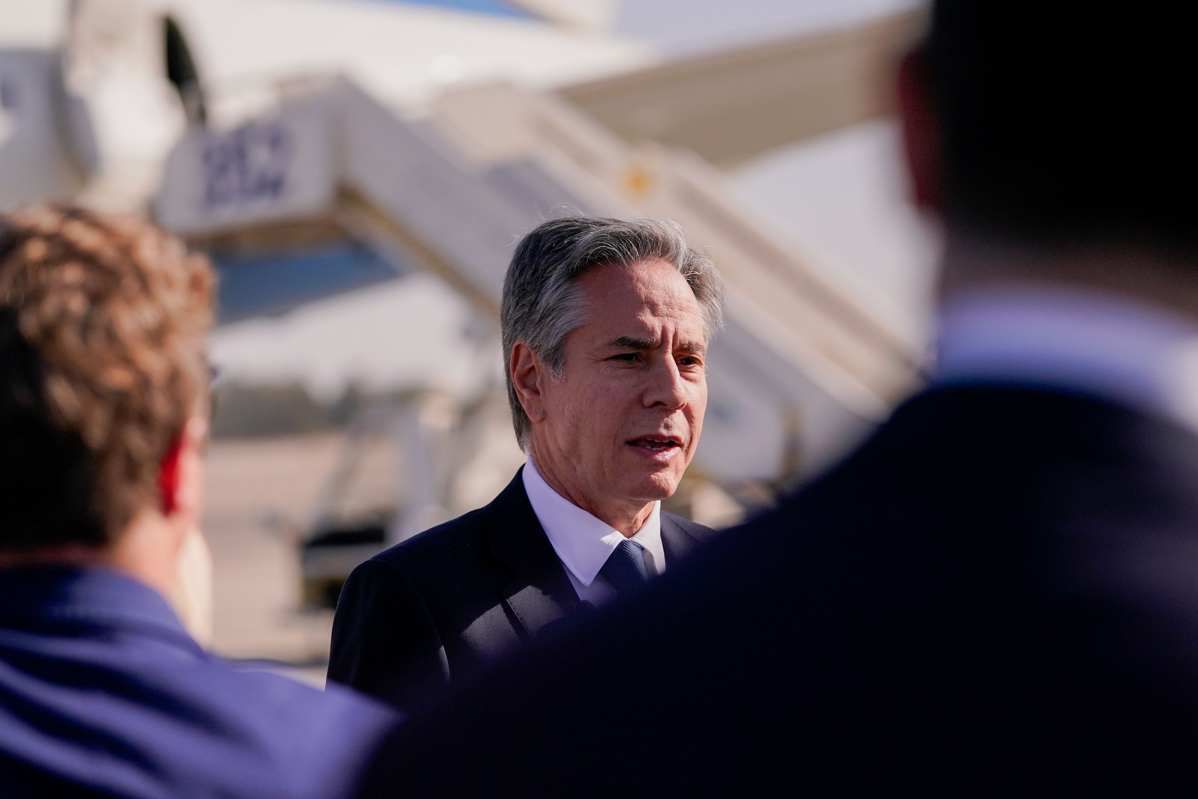 U.S. Secretary of State Antony Blinken speaks with members of the media as he arrives at Ben Gurion International Airport before departing for Riyadh, Saudi Arabia, in Tel Aviv, Israel, Wednesday, Oct. 23, 2024. (Nathan Howard/Pool Photo via AP)