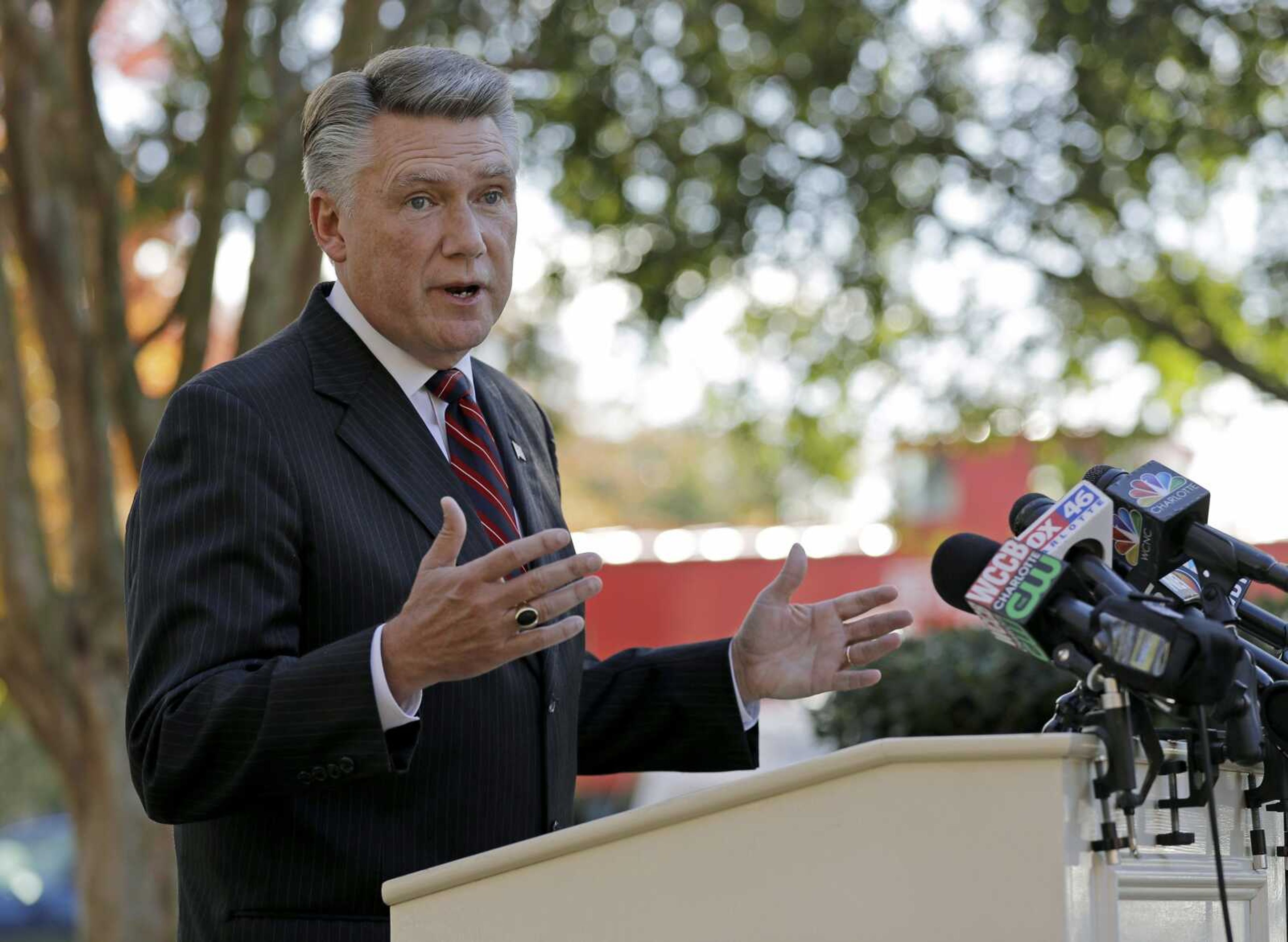 Republican Mark Harris speaks to the media during a Nov. 7 news conference in Matthews, North Carolina. The state Elections Board has refused to certify the race between Harris and Democrat Dan McCready while it investigates absentee ballot irregularities in the congressional district stretching from the Charlotte area through several counties to the east.