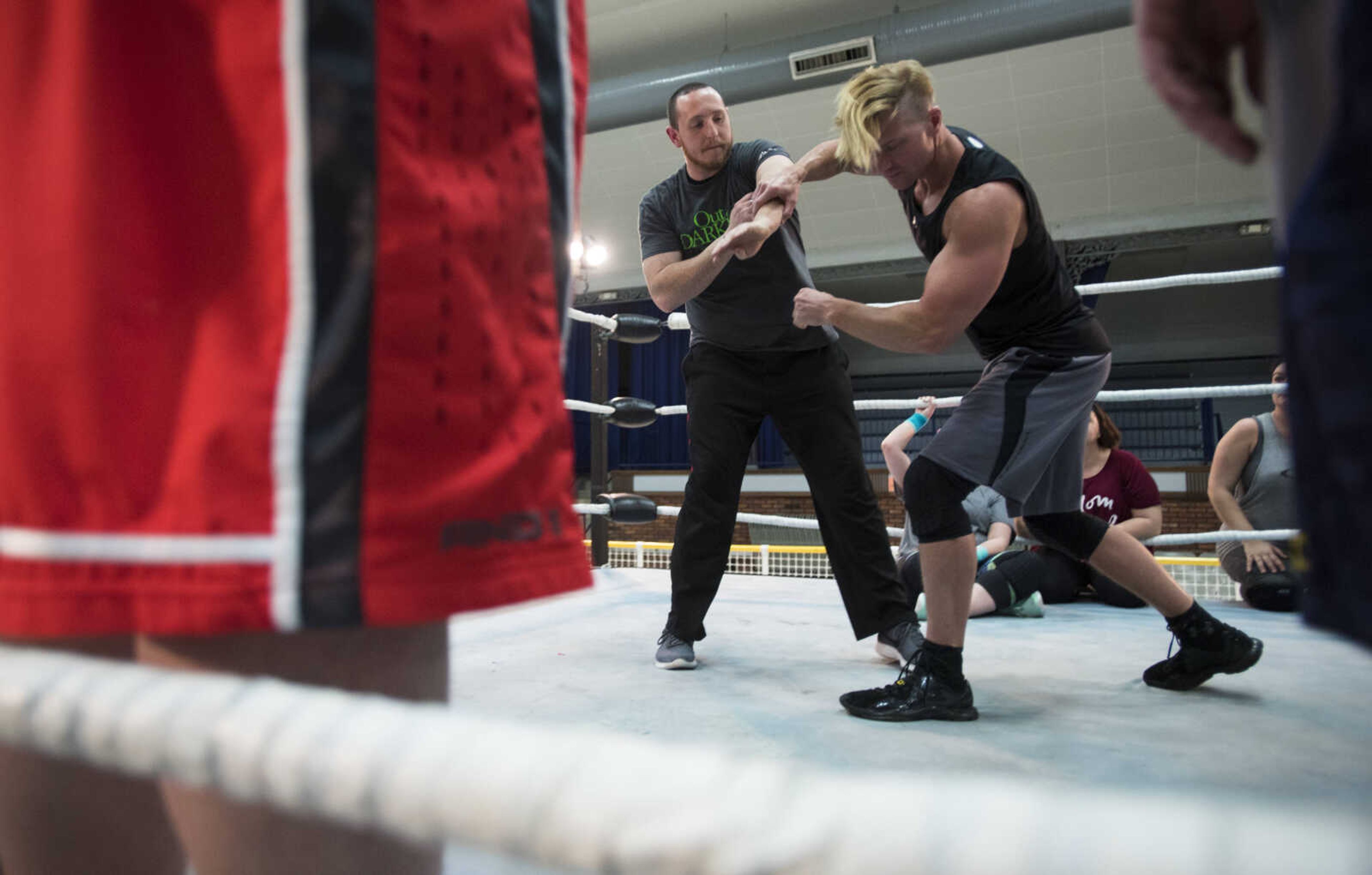 CCW wrestler Brandon "Barbwire" Anderson trains other wrestlers before a One Night Riot event Saturday, Feb. 24, 2018, at the Arena Building in Cape Girardeau.