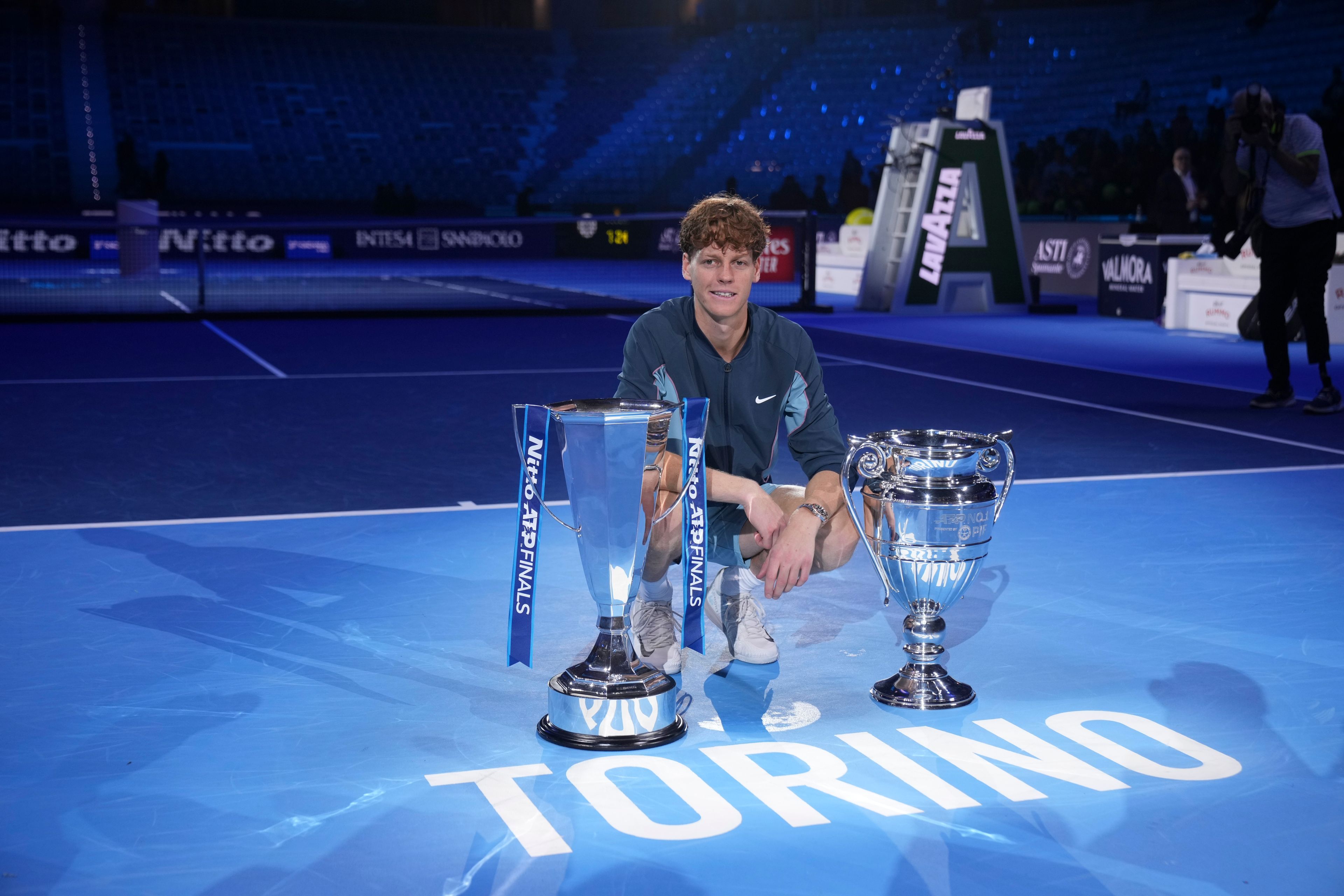 Italy's Jannik Sinner poses after winning the final match of the ATP World Tour Finals against Taylor Fritz of the United States at the Inalpi Arena, in Turin, Italy, Sunday, Nov. 17, 2024. (AP Photo/Antonio Calanni)