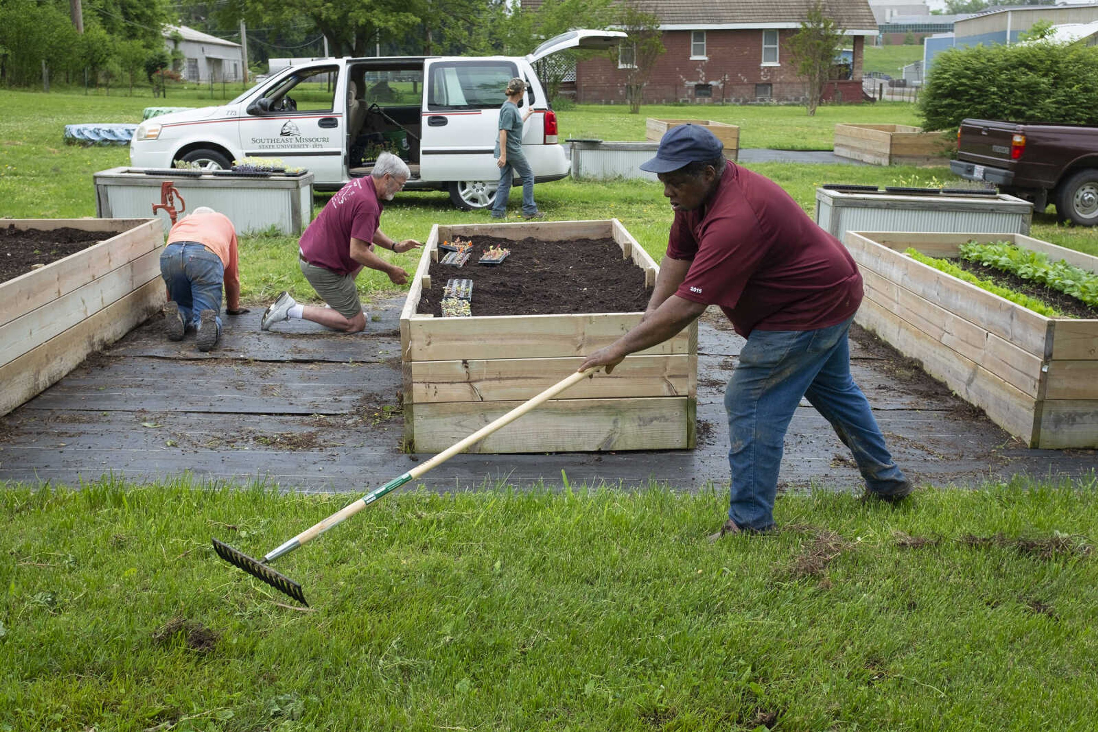 Robert Harris Jr., originally of Scott County, Missouri, and now Cape Girardeau, uses a rake while gardening Saturday, May 16, 2020, at Fountain Street Community Garden in Cape Girardeau.