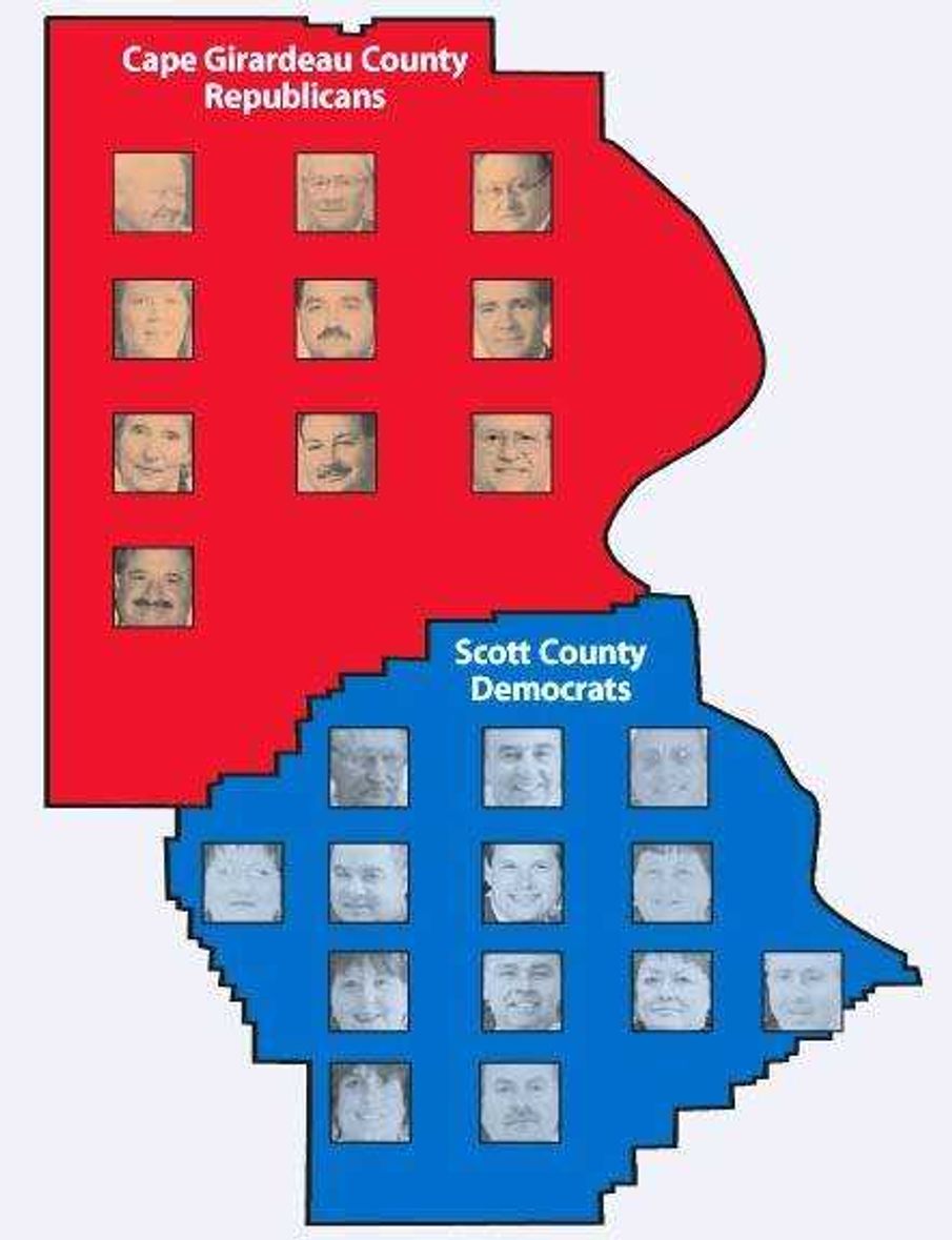 Republicans rule Cape Girardeau County with an iron thumb, but in nearby Scott County, Democrats hold the reins.