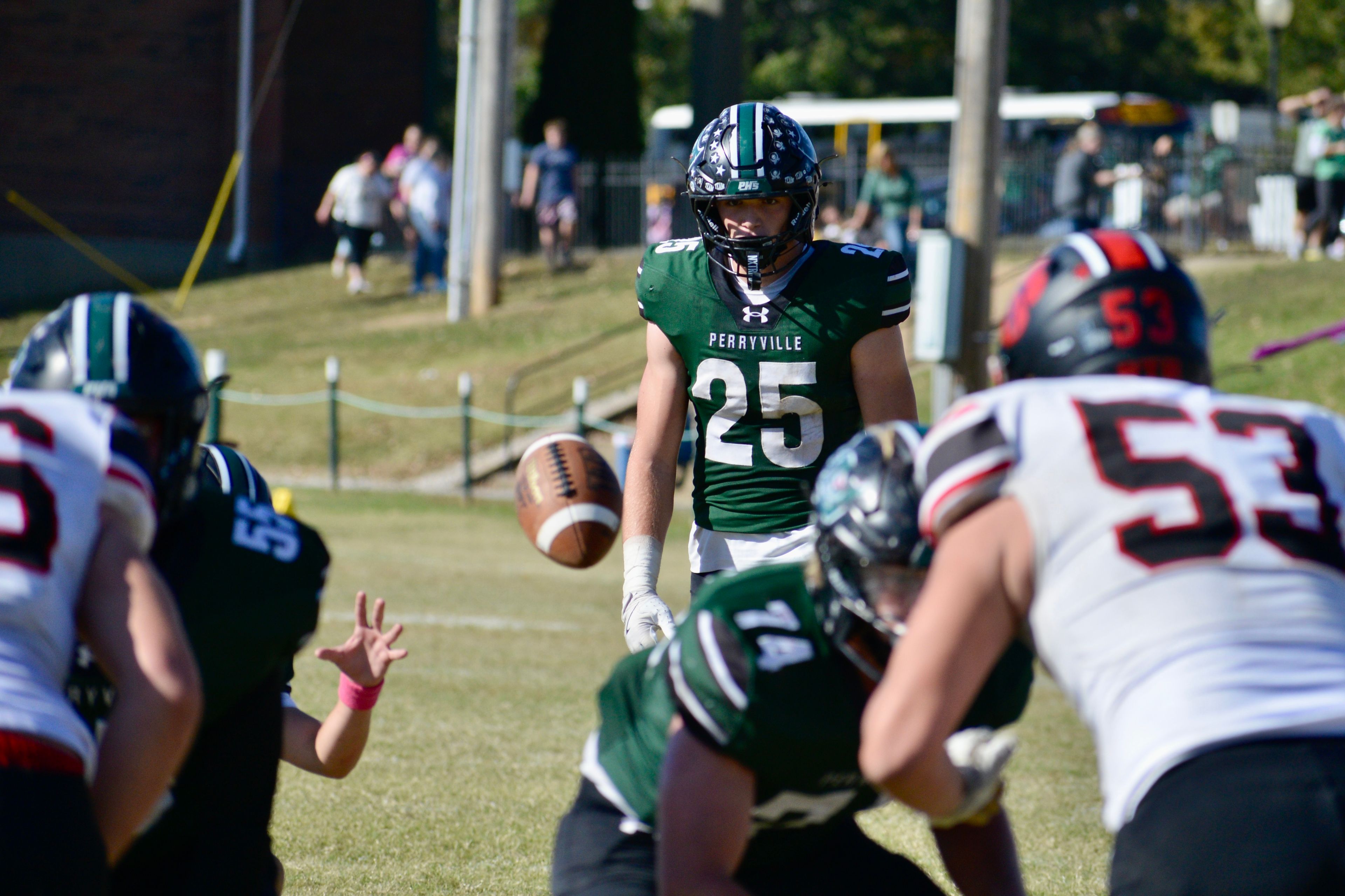 Perryville kicker Drew Leuckel watches the snap as he prepares to kick the PAT against Herculaneum on Saturday, Oct. 19, in Perryville. 