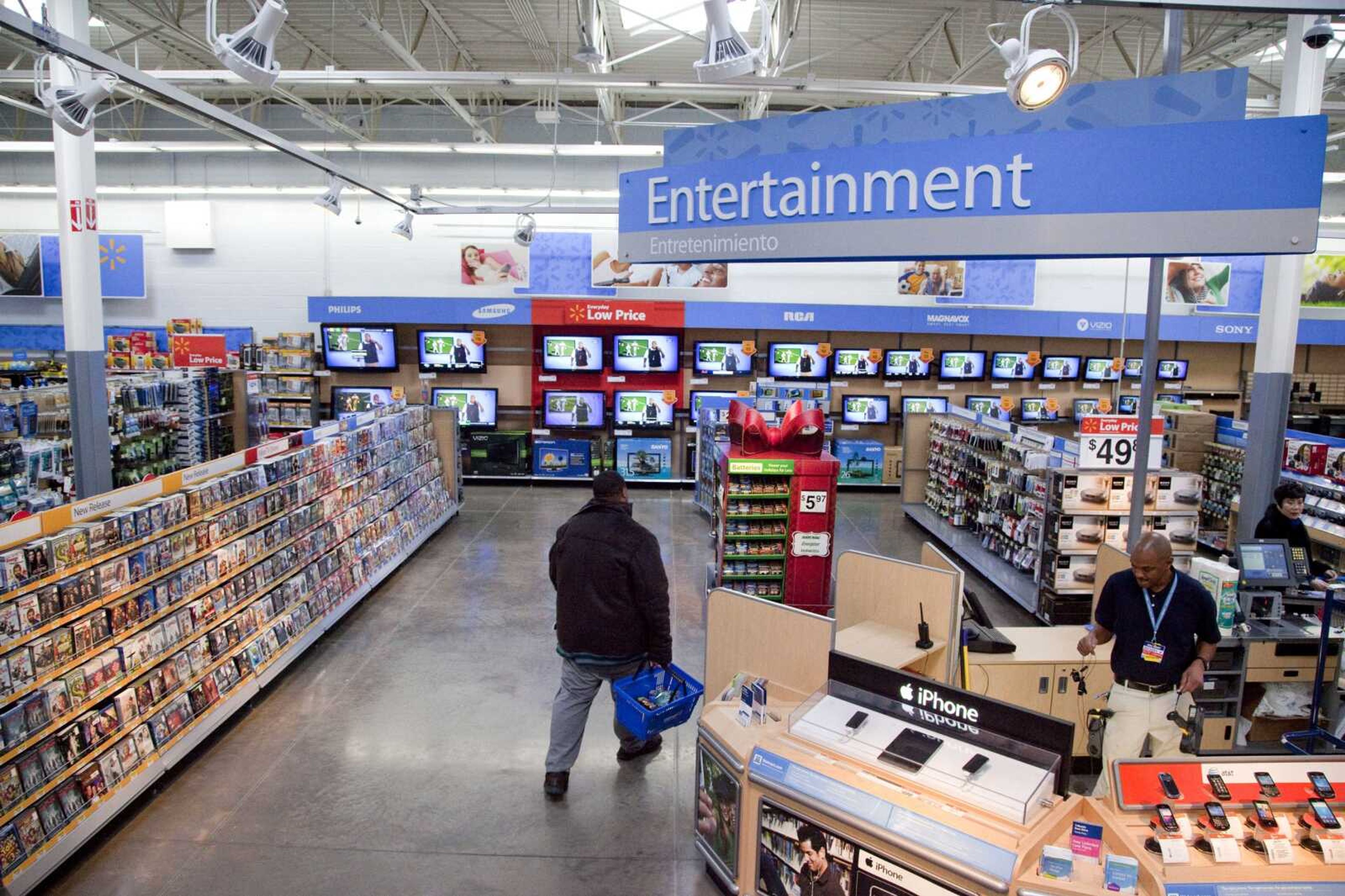 A view of the entertainment section of a Walmart store is seen in Alexandria, Virginia.  Walmart is taking down all signs and displays from its stores depicting violence, following a mass shooting at its El Paso, Texas, location that left 22 people dead.