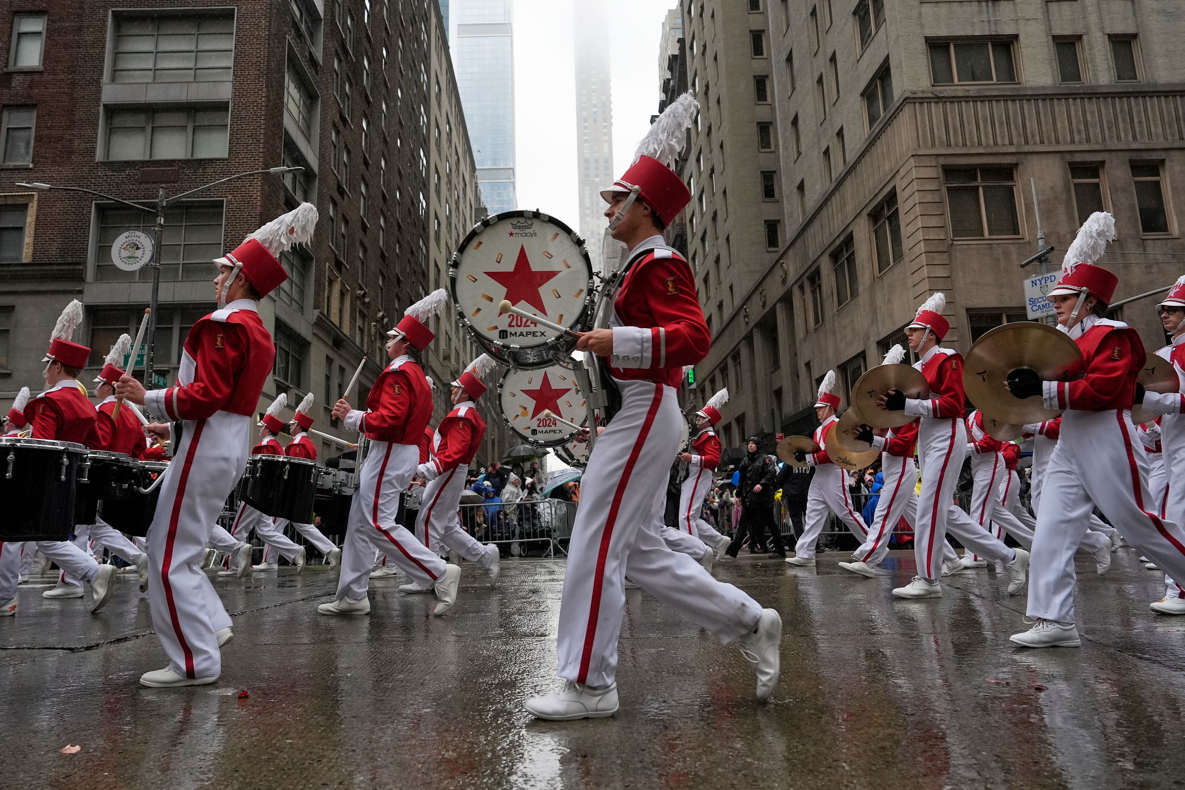 The Macy's Great American Marching Band plays as it heads down Sixth Avenue during the Macy's Thanksgiving Day Parade, Thursday, Nov. 28, 2024, in New York. (AP Photo/Julia Demaree Nikhinson)