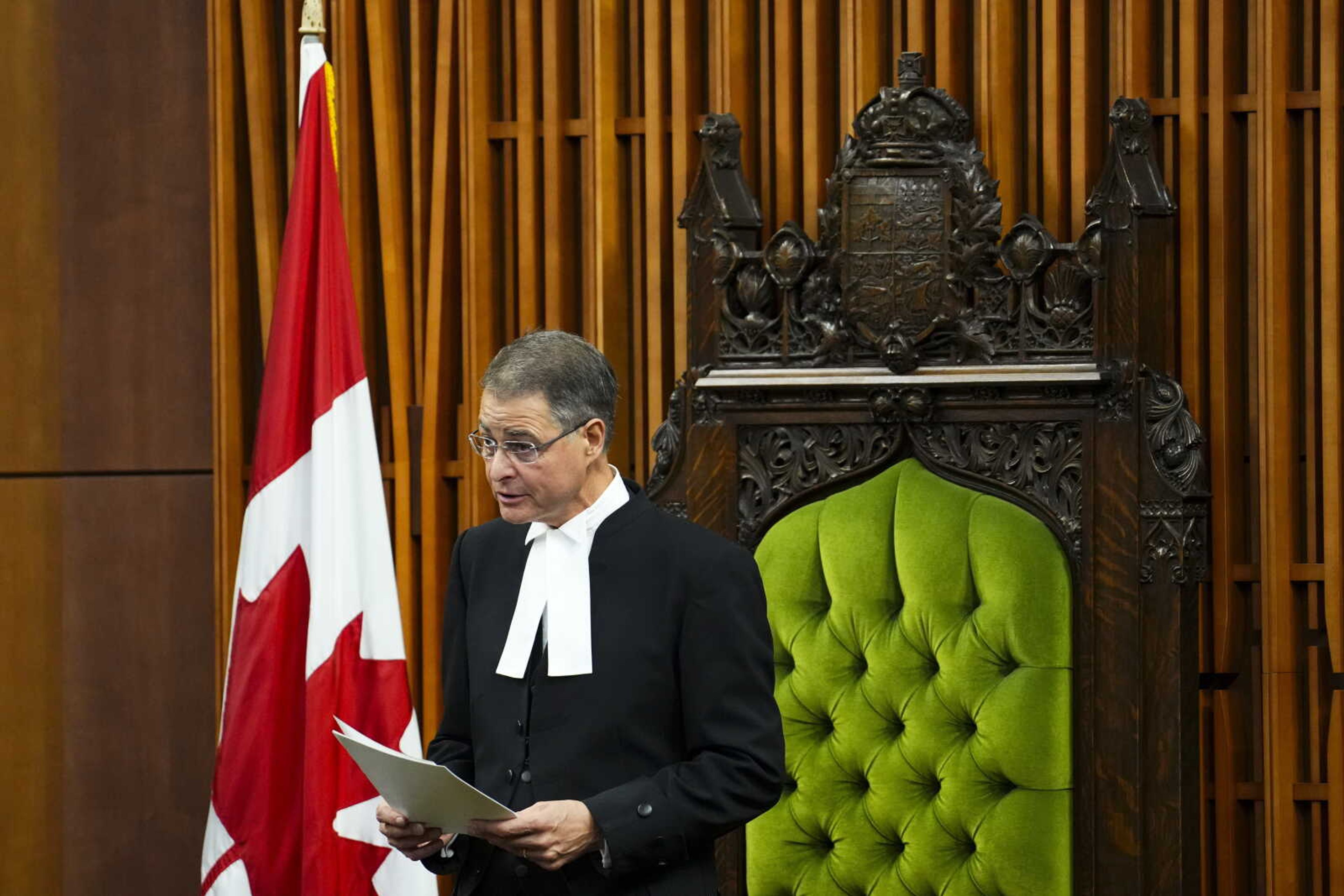 The Speaker of the House of Commons Anthony Rota delivers a speech following an address by Ukrainian President Volodymyr Zelenskyy in the House of Commons on Parliament Hill in Ottawa on Friday, Sept. 22, 2023. Rota is apologizing for recognizing in Parliament a man who fought for a Nazi military unit during World War II, just after Zelenskyy addressed the House of Commons on Friday. (Sean Kilpatrick/The Canadian Press via AP)