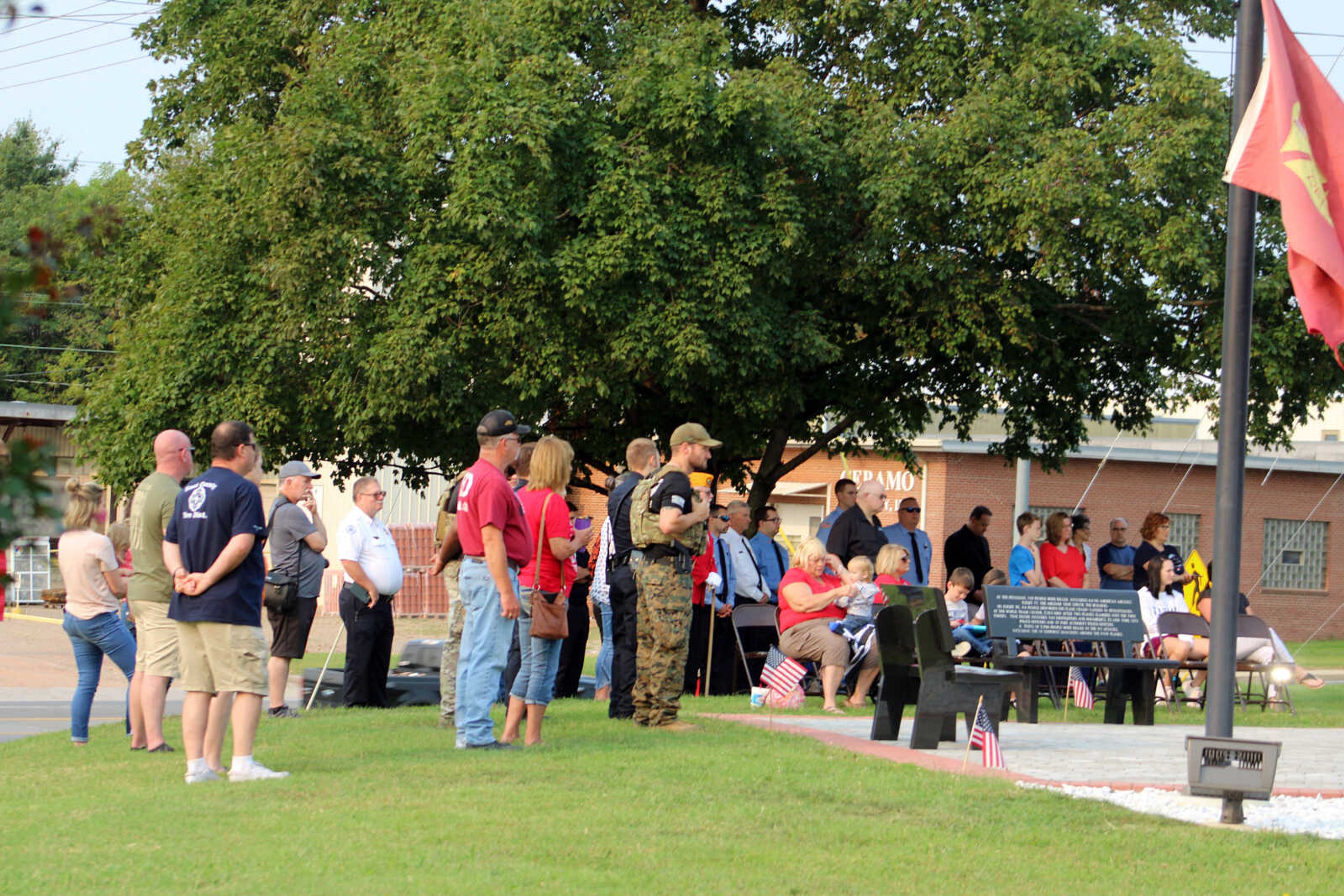 Attendees gather for the memorial service at the Sept. 11, 2001, monument, located at Fire Station 1 in Jackson, held by Jackson Fire Rescue Saturday, Sept. 11, 2021.