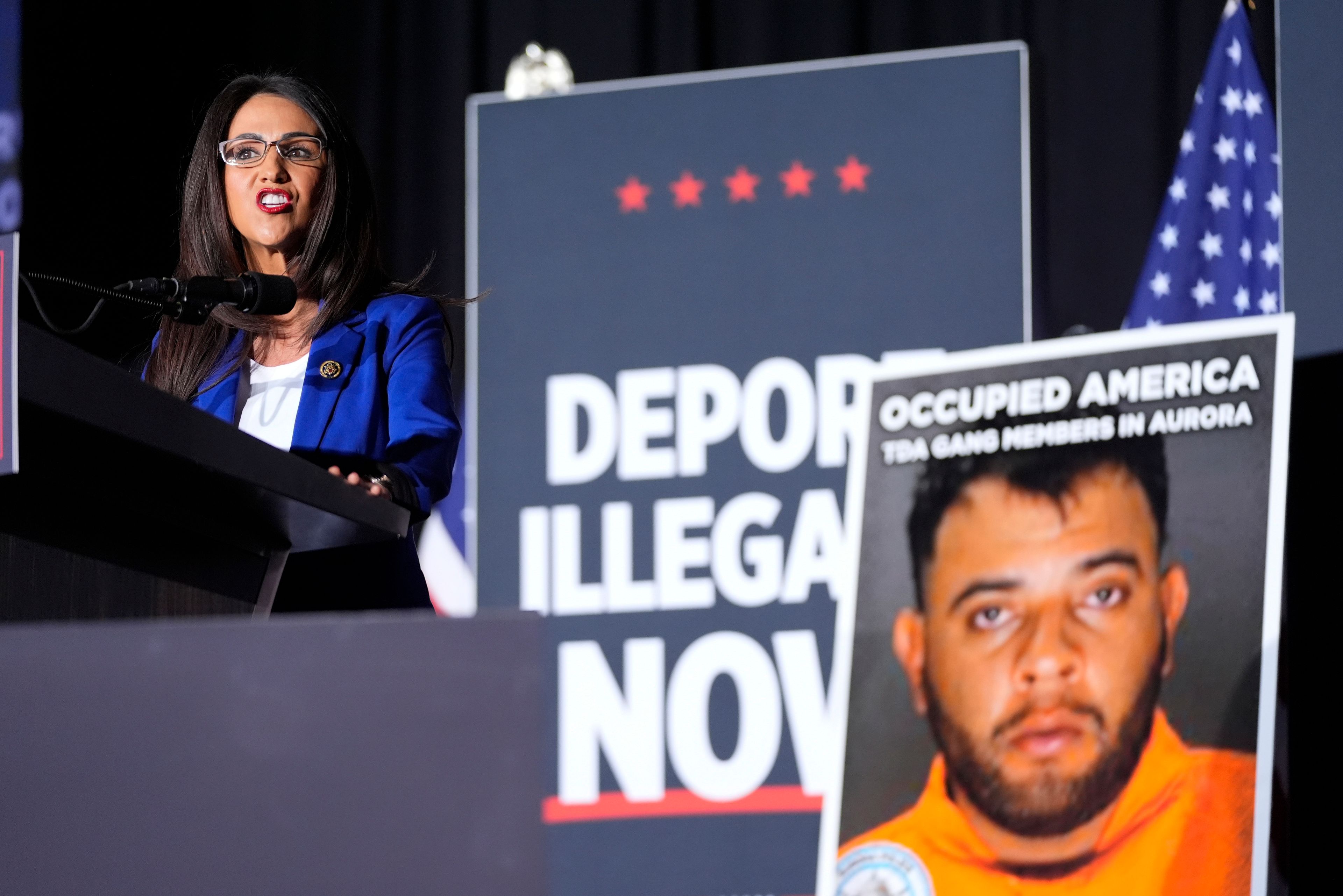 Rep. Lauren Boebert, R-Colo., speaks before Republican presidential nominee former President Donald Trump at a campaign rally at the Gaylord Rockies Resort & Convention Center, Friday, Oct. 11, 2024, in Aurora, Colo. (AP Photo/Alex Brandon)