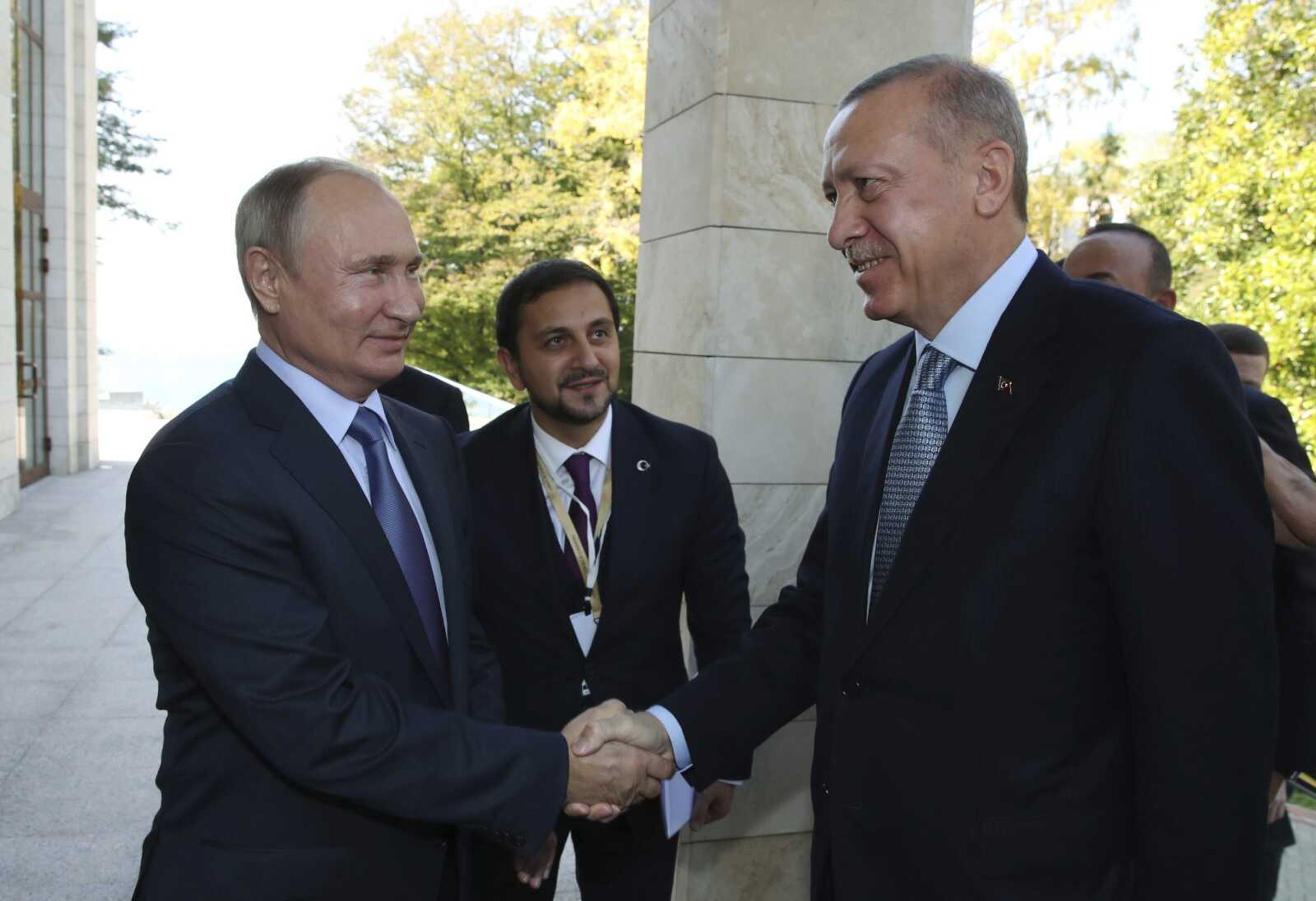 Russian President Vladimir Putin, left, and Turkish President Recep Tayyip Erdogan met Tuesday in the Bocharov Ruchei residence in the Black Sea resort of Sochi, Russia.