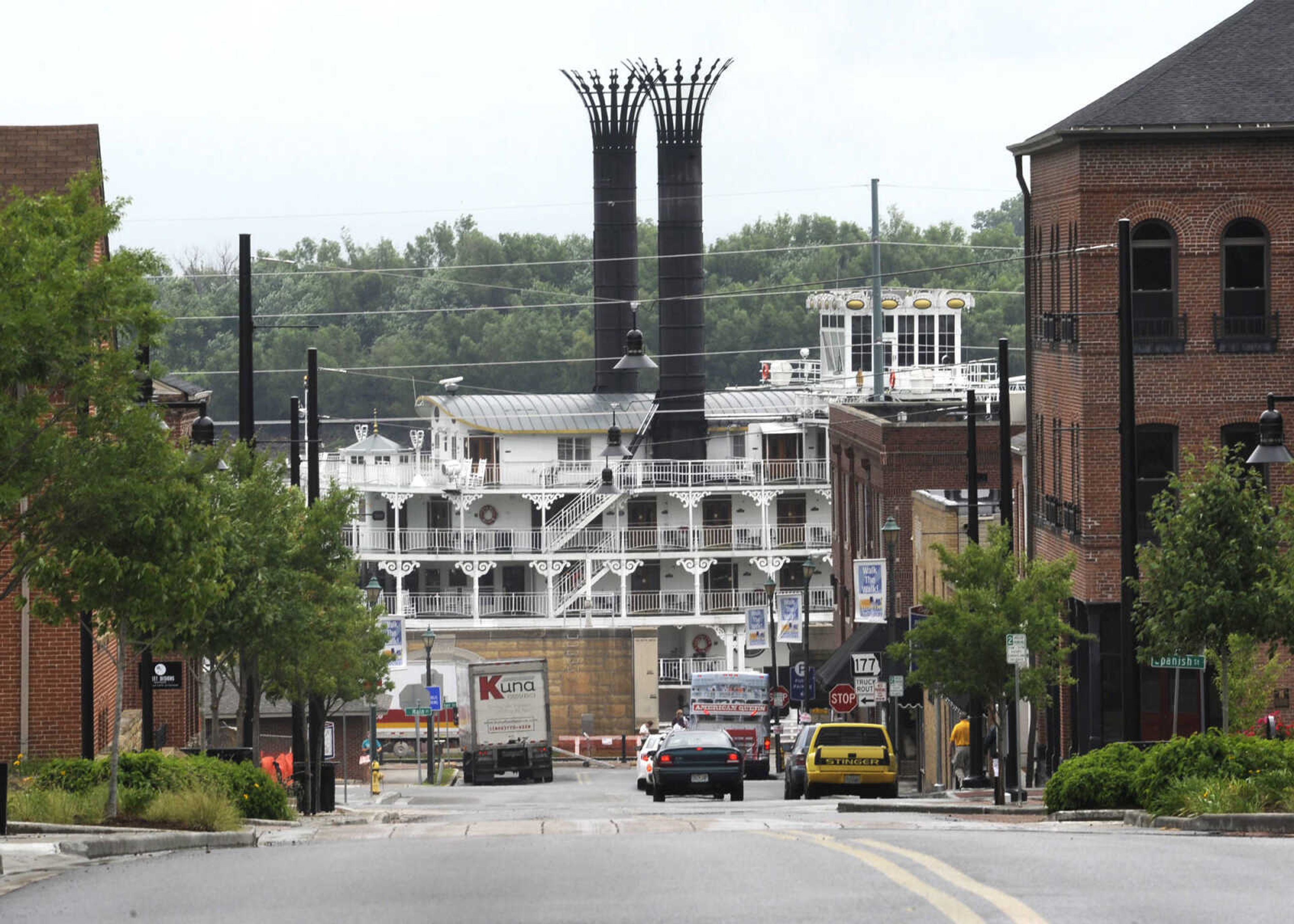 FRED LYNCH ~ flynch@semissourian.com
The American Queen takes on supplies while docked at the foot of Broadway Tuesday, July 2, 2013 in Cape Girardeau. The riverboat which is enroute to St. Louis from New Orleans is following the path of the Great Steamboat Race of 1870 between the Natchez and the Robert E. Lee.