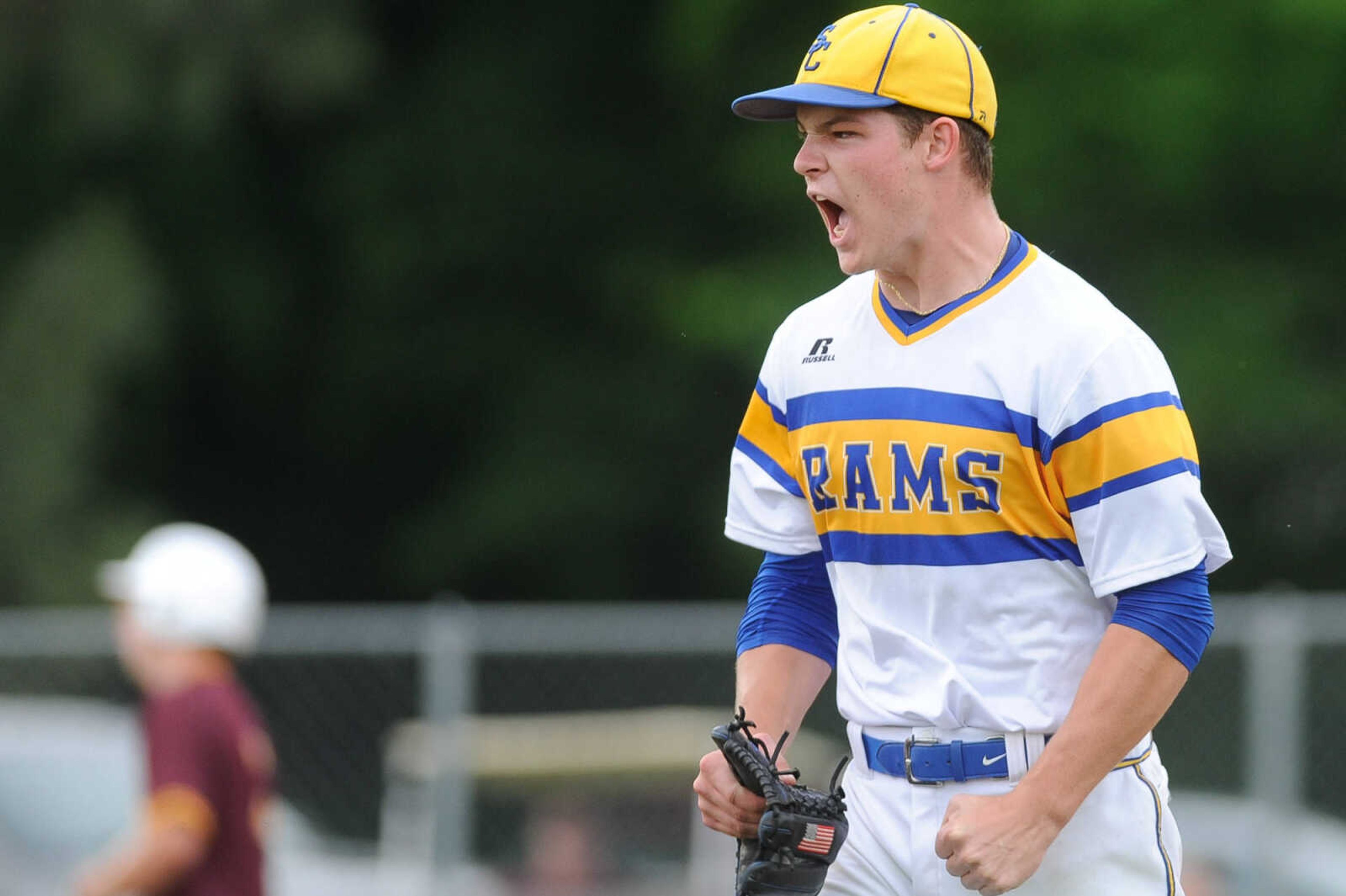 Scott City's Braden Cox celebrates after striking out a Kelly batter to clinch the Class 3 District 2 championship titile Friday, May 22, 2015 in Charleston, Missouri. (Glenn Landberg)