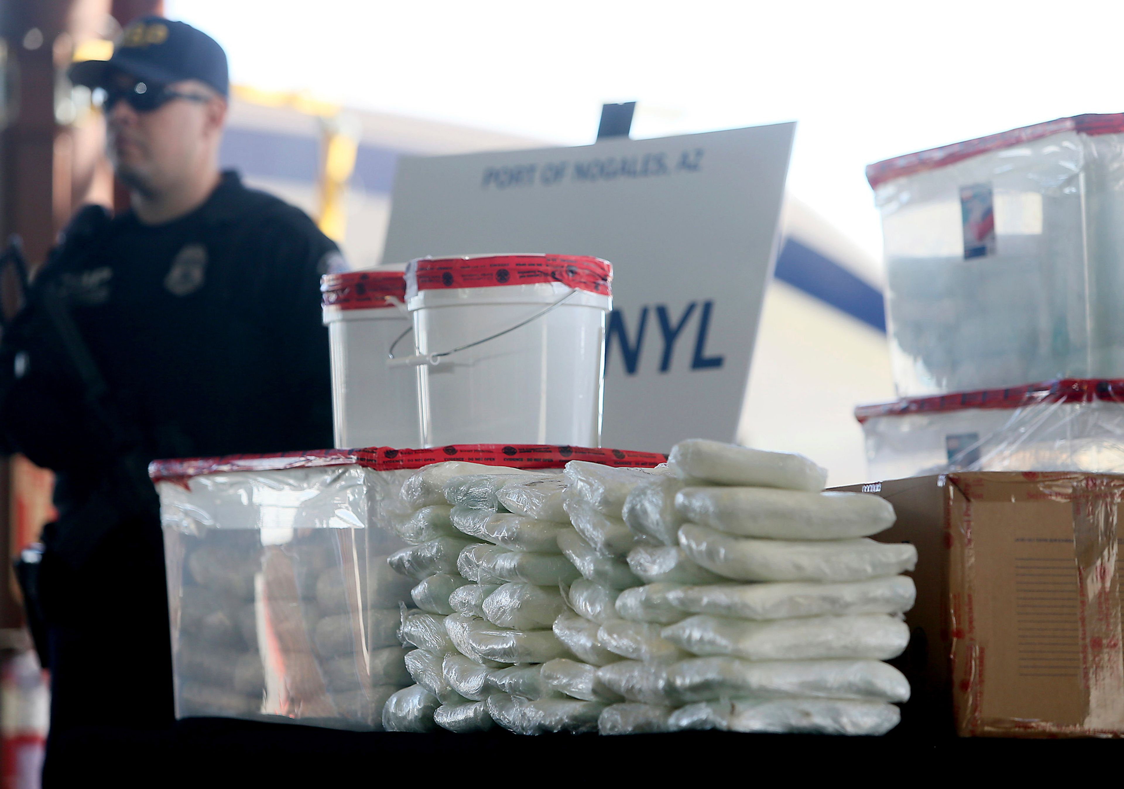 FILE - A display of fentanyl and meth that was seized by Customs and Border Protection officers at the Nogales Port of Entry, is shown during a media presentation in Nogales, Ariz. (Mamta Popat/Arizona Daily Star via AP, File)