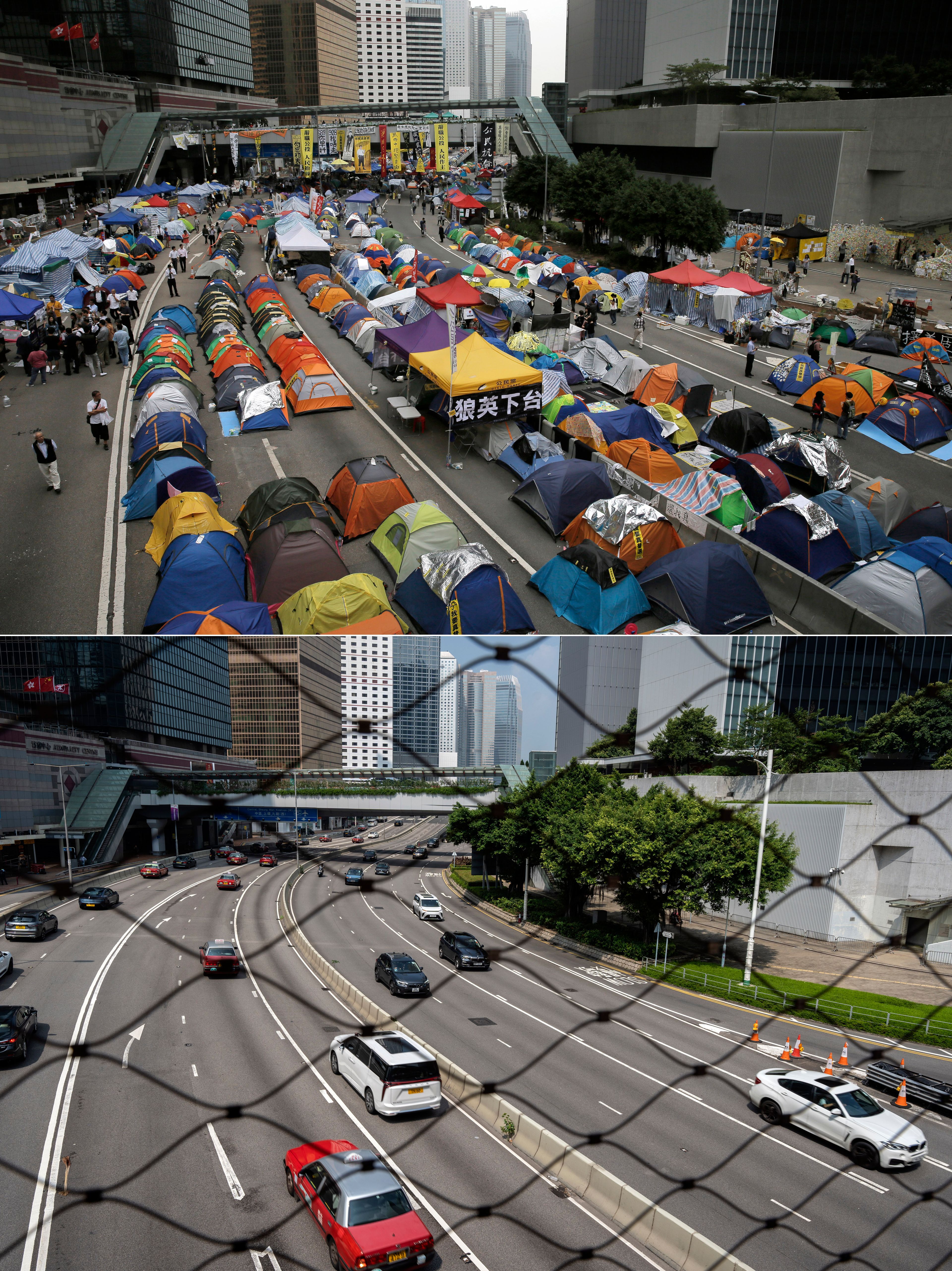 This combination image made from two photos shows tents set up by pro-democracy protesters in an occupied area outside the government headquarters in Hong Kong's Admiralty district Wednesday, Nov. 12, 2014, top, and the same site on Saturday, Sept. 28, 2024. (AP Photo/Vincent Yu, Chan Long Hei)