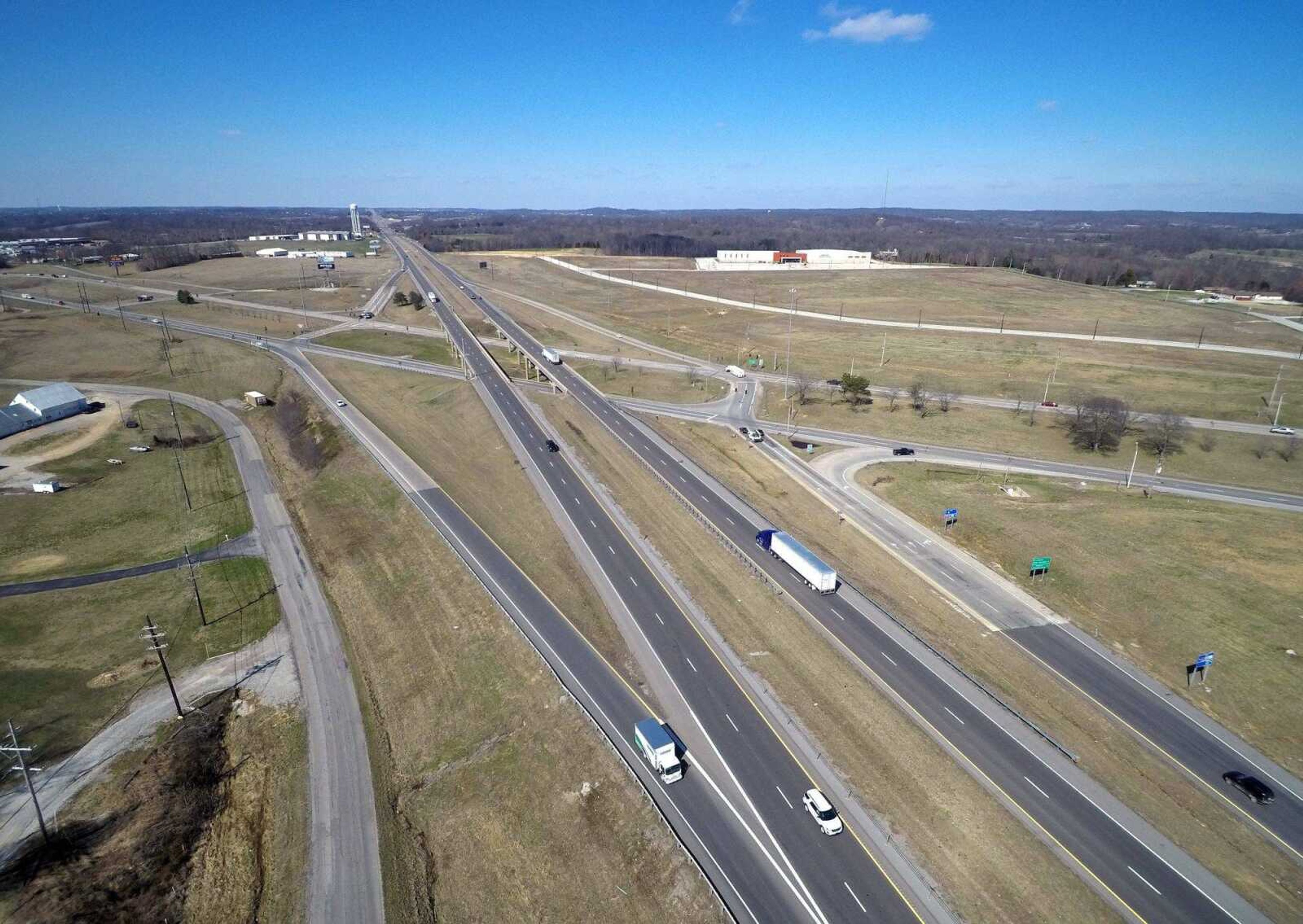 This drone view of center junction looks toward Jackson from near Klaus Park on March 8 in Cape Girardeau. Both lanes of Interstate 55 cross over the divided lanes of U.S. 61.