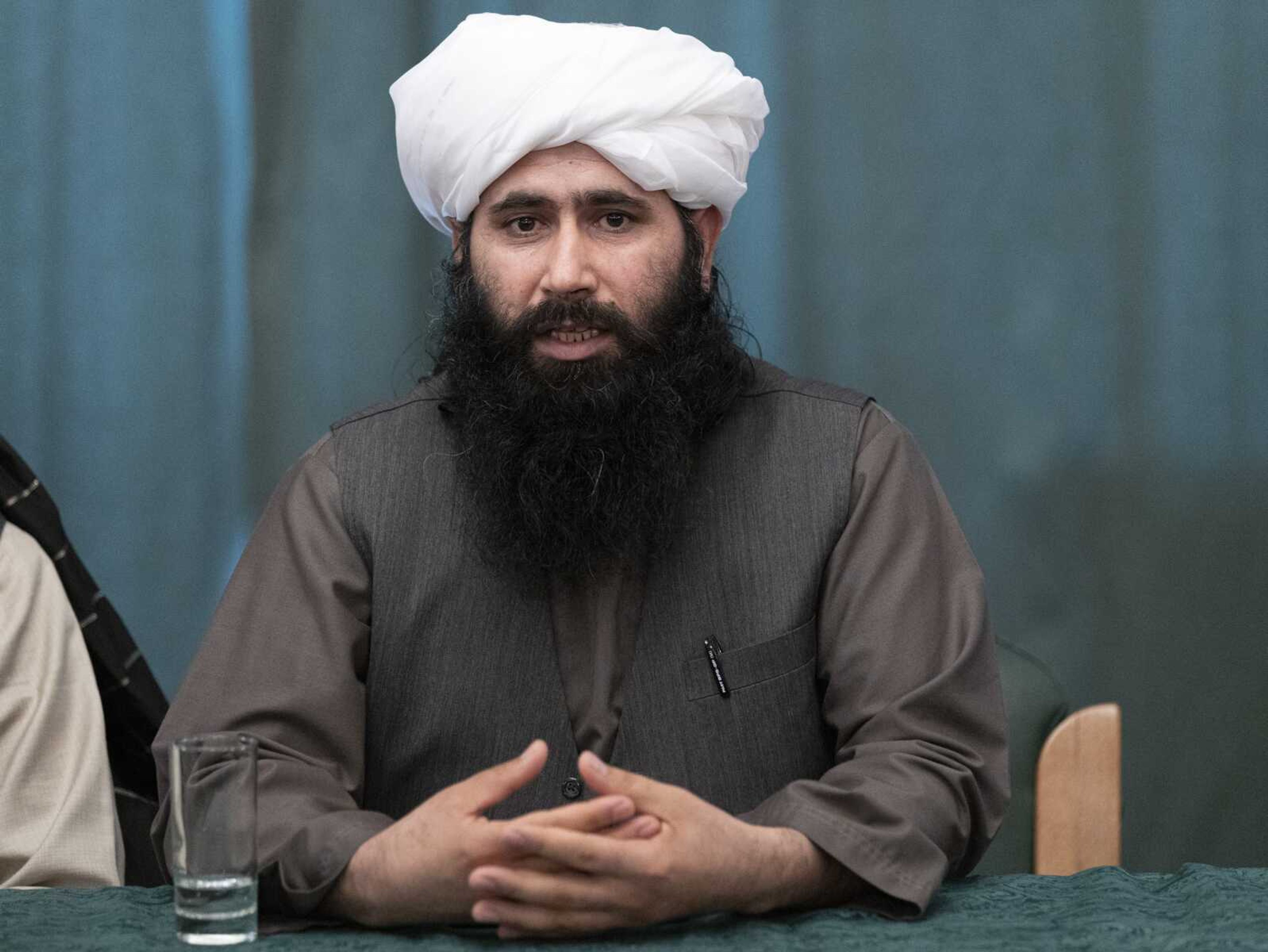 Mohammad Naeem, spokesman for the Taliban's political office, speaks during a news conference March 19 in Moscow.