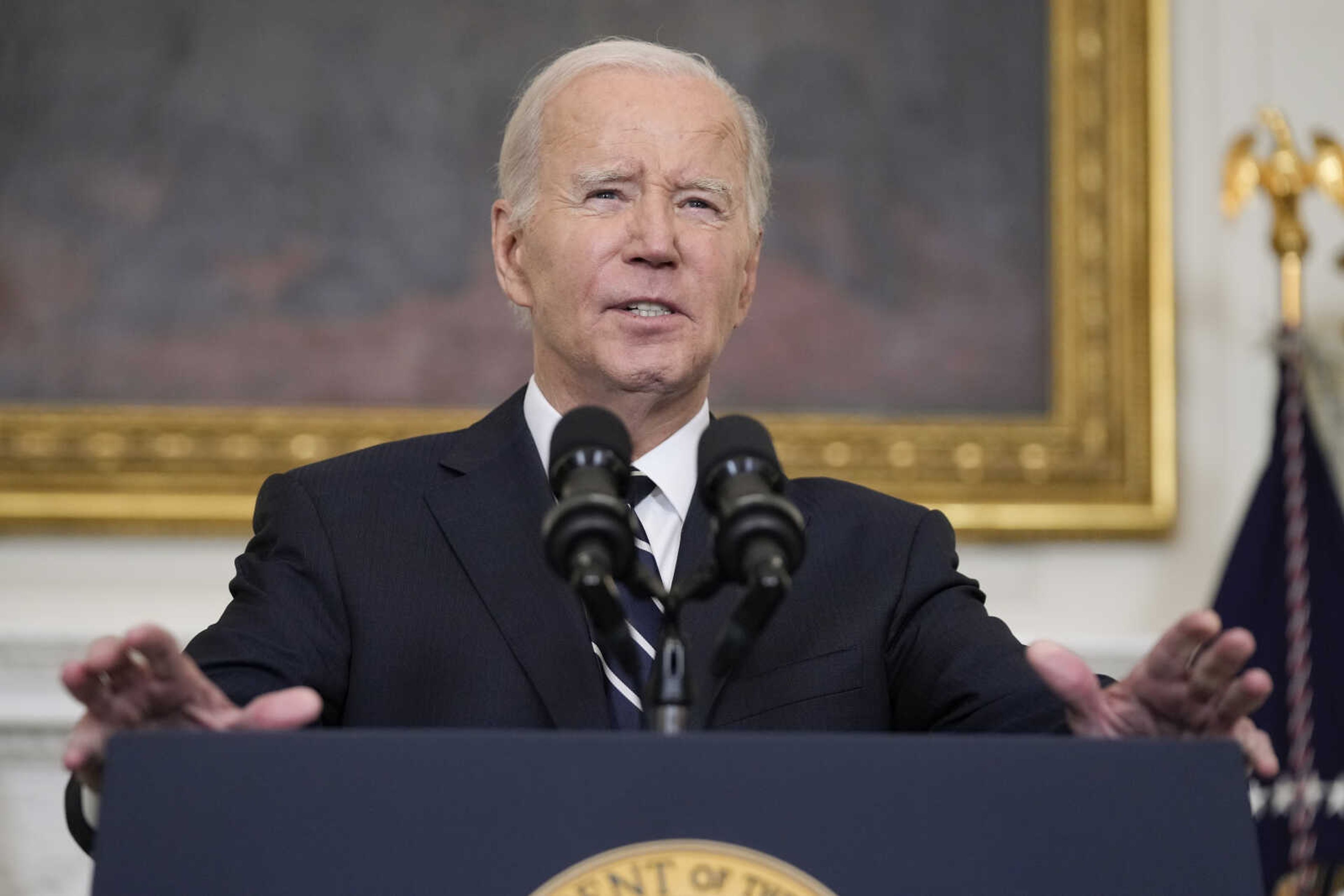 President Joe Biden speaks in the State Dining Room of the White House on Oct. 7 in Washington. Ethical concerns are casting a shadow over Biden as he seeks reelection amid ongoing investigations into his son Hunter and a presidential impeachment inquiry. A new poll shows that 35% of U.S. adults believe the president himself has done something illegal.