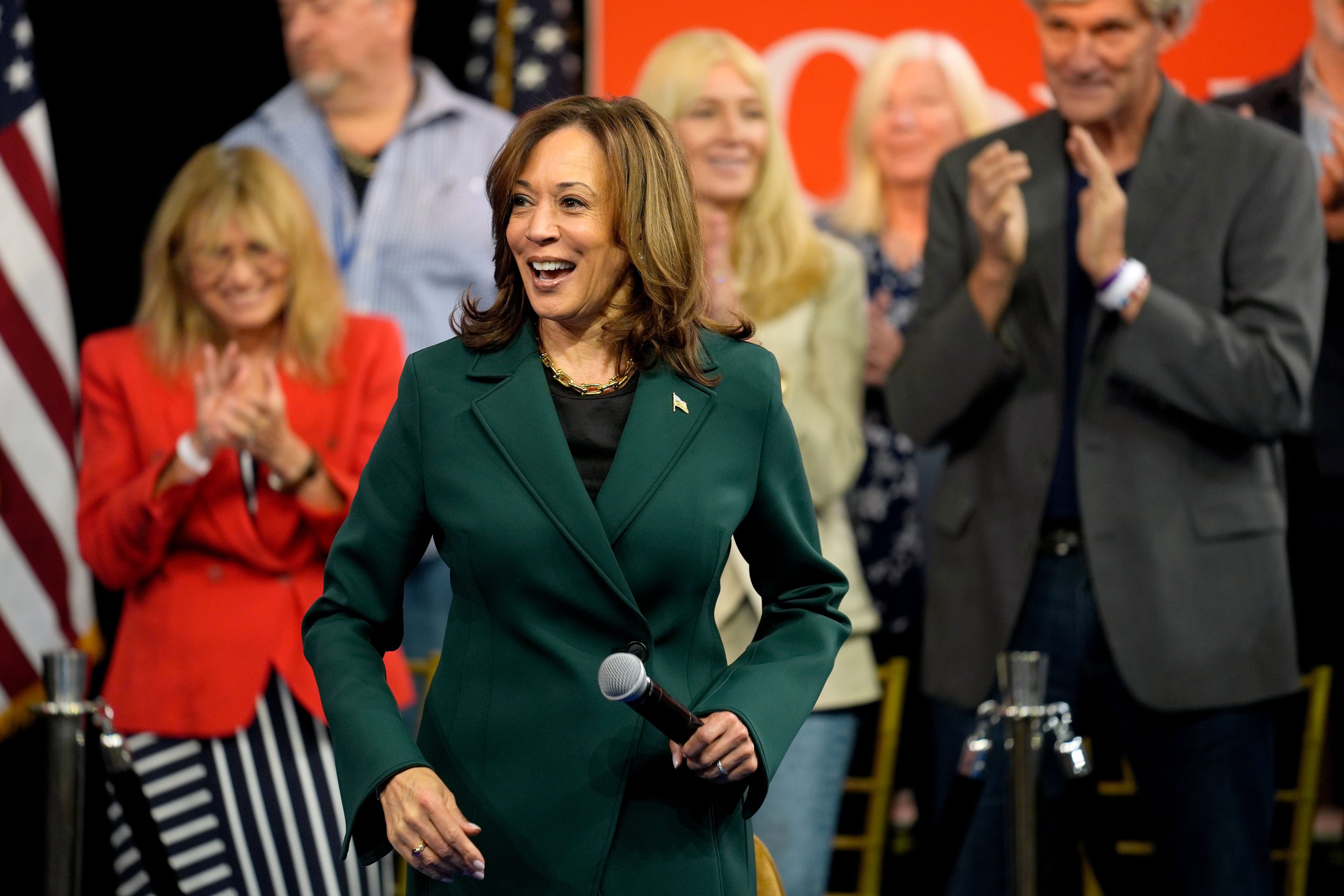 Democratic presidential nominee Vice President Kamala Harris arrives at a a town hall at The People's Light in Malvern, Pa., Monday, Oct. 21, 2024. (AP Photo/Matt Rourke)